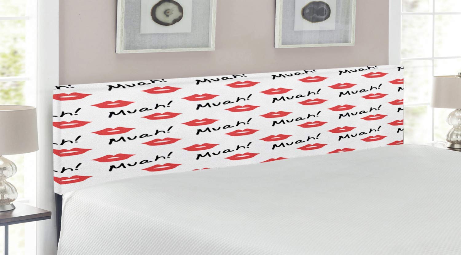 Ambesonne Red Lips Kiss Marks Pattern Upholstered Headboard - King Size Romantic Feminine Bed Headboard with Memory Foam | Perfect for Valentine's Day Gifts & Master Bedroom Decor (Vermilion/White)