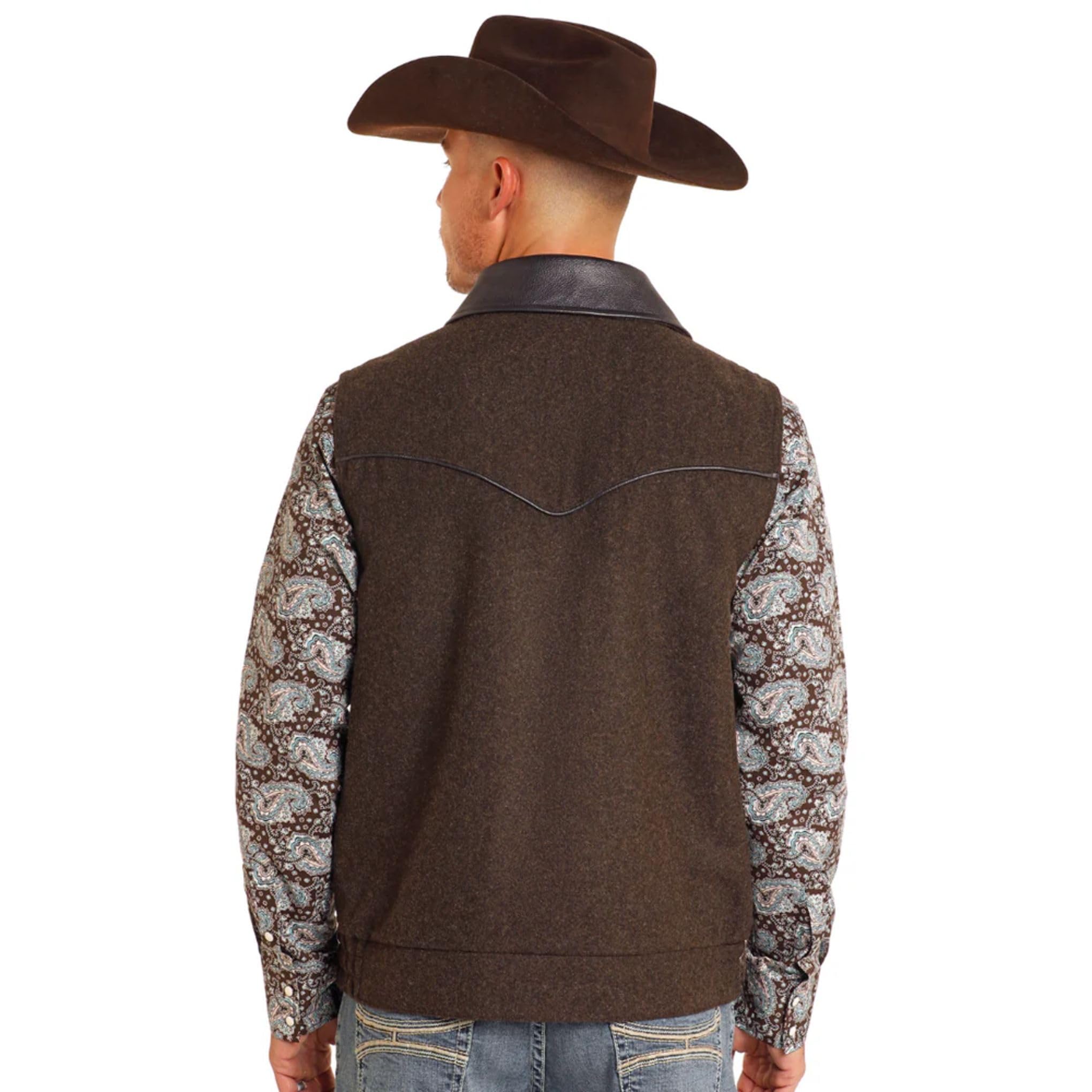 Powder River Outfitters Men's Brown Heathered Wool Vest with Distressed Leather Collar - Holbrook Style 98-5619 (Large) - Perfect for Outdoor Adventures, Hunting & Casual Wear