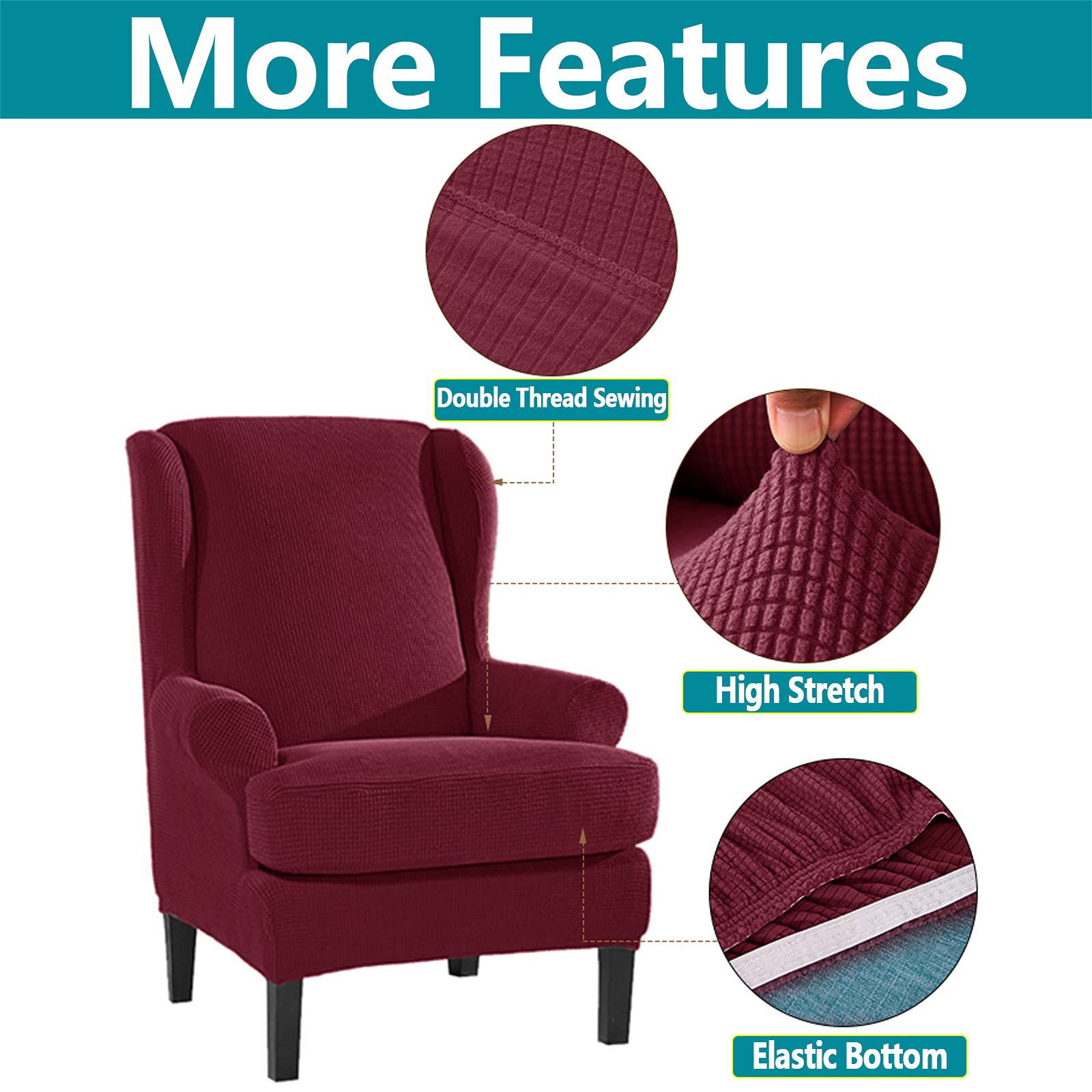 2-Piece High Stretch Wing Chair Slipcover Set - Ultra Soft Machine Washable Jacquard Wingback Armchair Covers with Separate Cushion Cover for Living Room, Bedroom, Reception or Cafe Decor