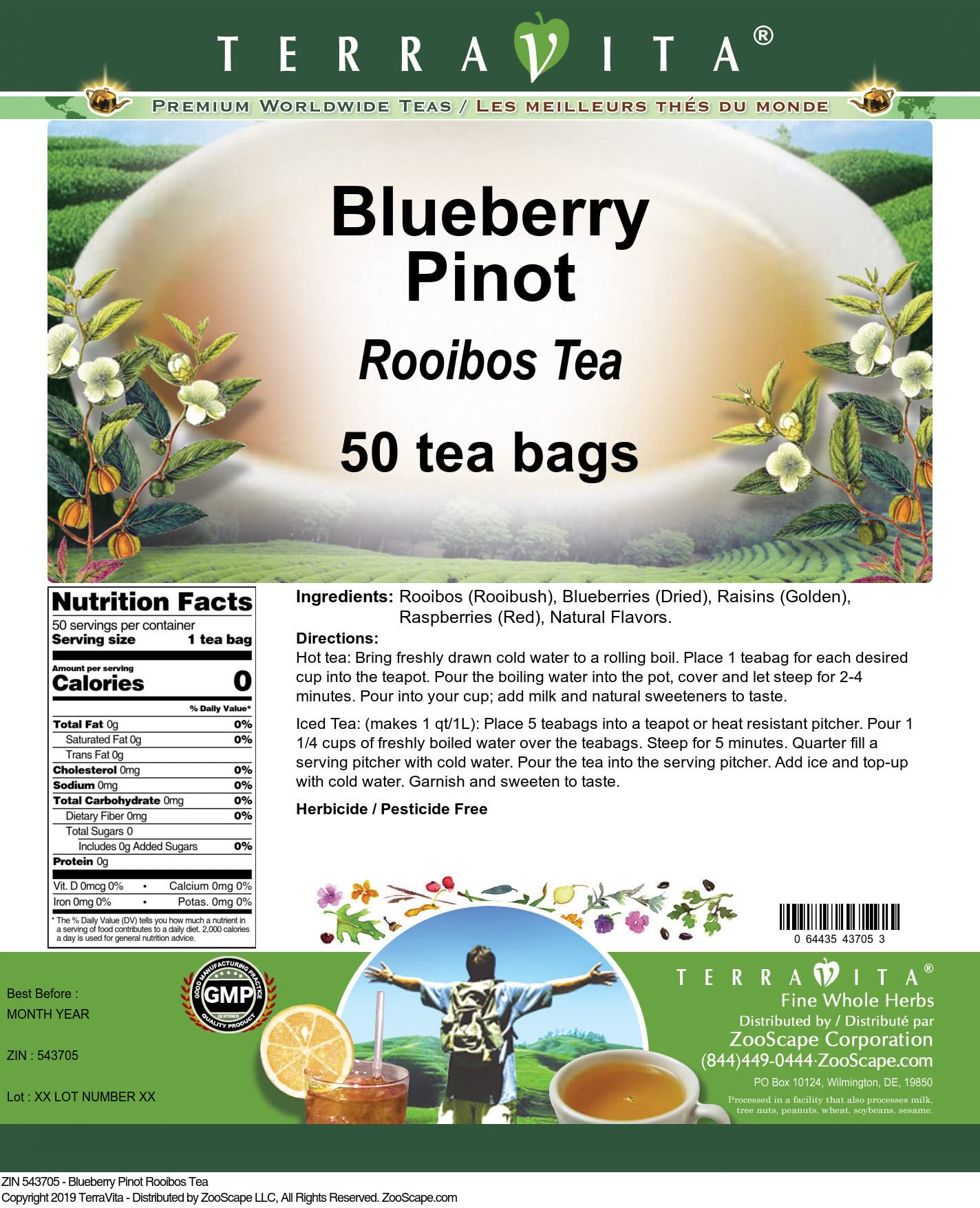 Organic Blueberry Pinot Rooibos Tea Bags - 50 Count | Caffeine-Free Herbal Tea Blend | Antioxidant Rich | Perfect for Relaxation & Evening Tea Time | ZIN: 543705