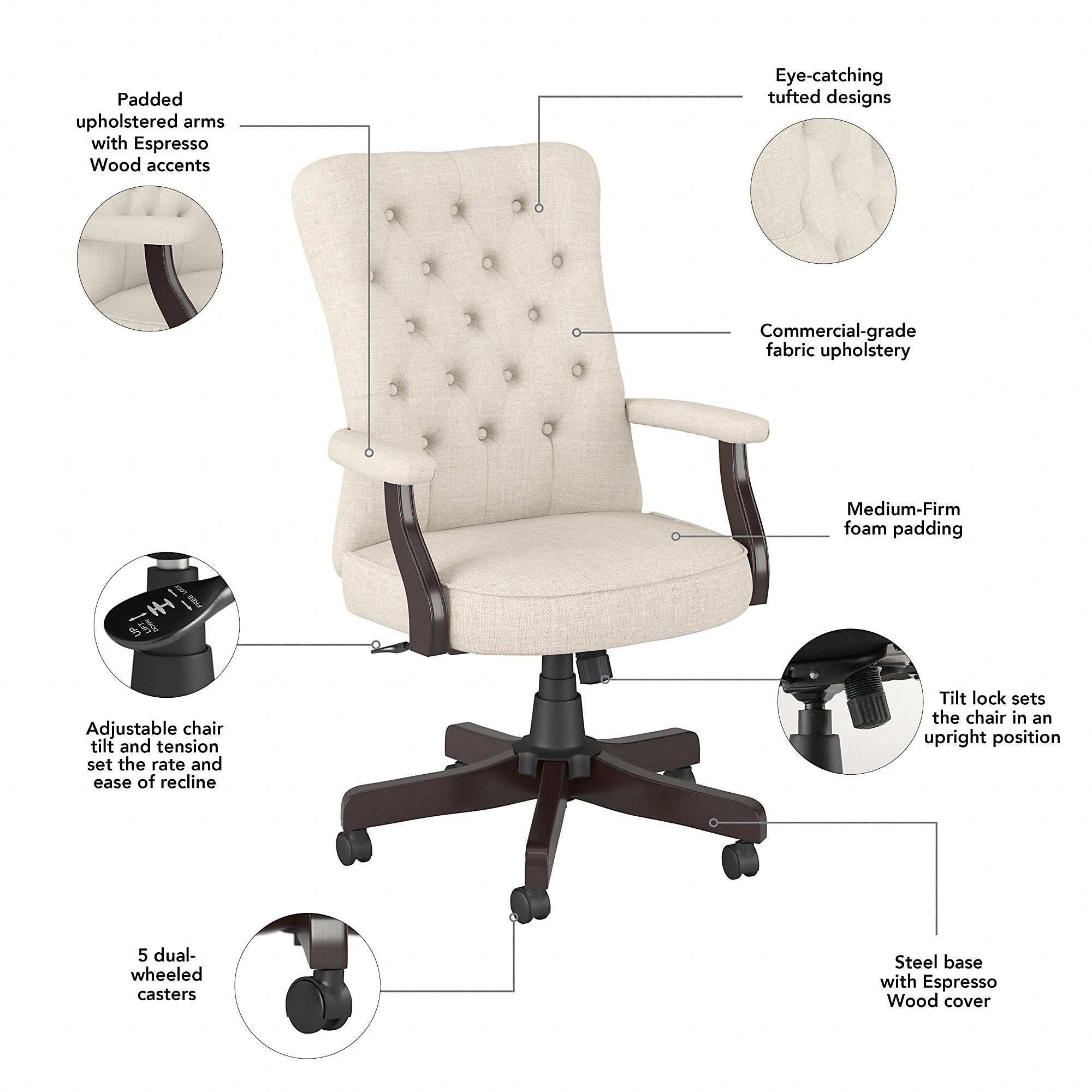 Bush Business Furniture Arden Lane High Back Tufted Office Chair with Arms in Cream Fabric - Ergonomic Computer Desk Chair for Home Office & Professional Workspace | Perfect for Long Hours of Sitting, Video Conferences & Productivity