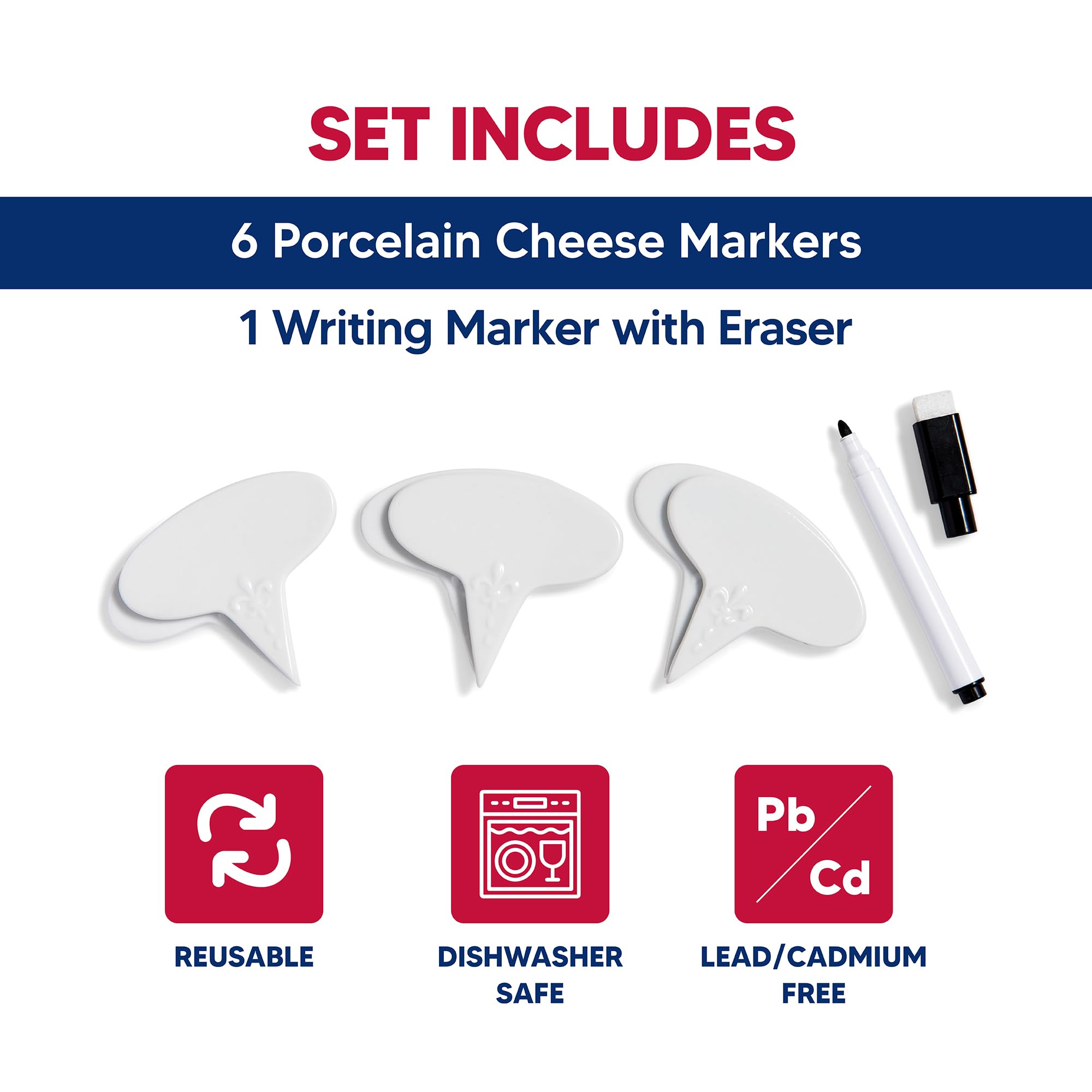 Premium HIC Kitchen Cheese Markers Set - 6-Piece Fine White Porcelain Cheese Labeling Sticks for Gourmet Cheese Boards, Party Platters & Charcuterie Displays