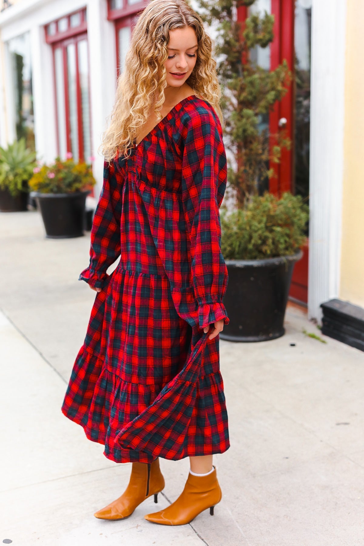Stylish Red Plaid Elastic V-Neck Tiered Maxi Dress for Women | Flowy Long Summer Dress | Perfect for Beach, Vacation & Casual Outings