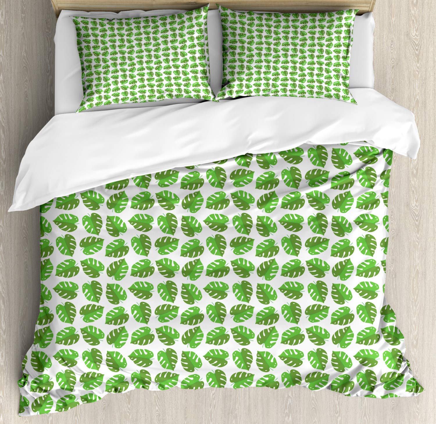 Ambesonne Aloha Tropical Monstera Leaves Duvet Cover Set - 3 Piece Queen Size Bedding with 2 Pillow Shams, Olive Green & White Jungle Print - Perfect for Summer Bedroom Decor, Boho Chic Home, Vacation House Style