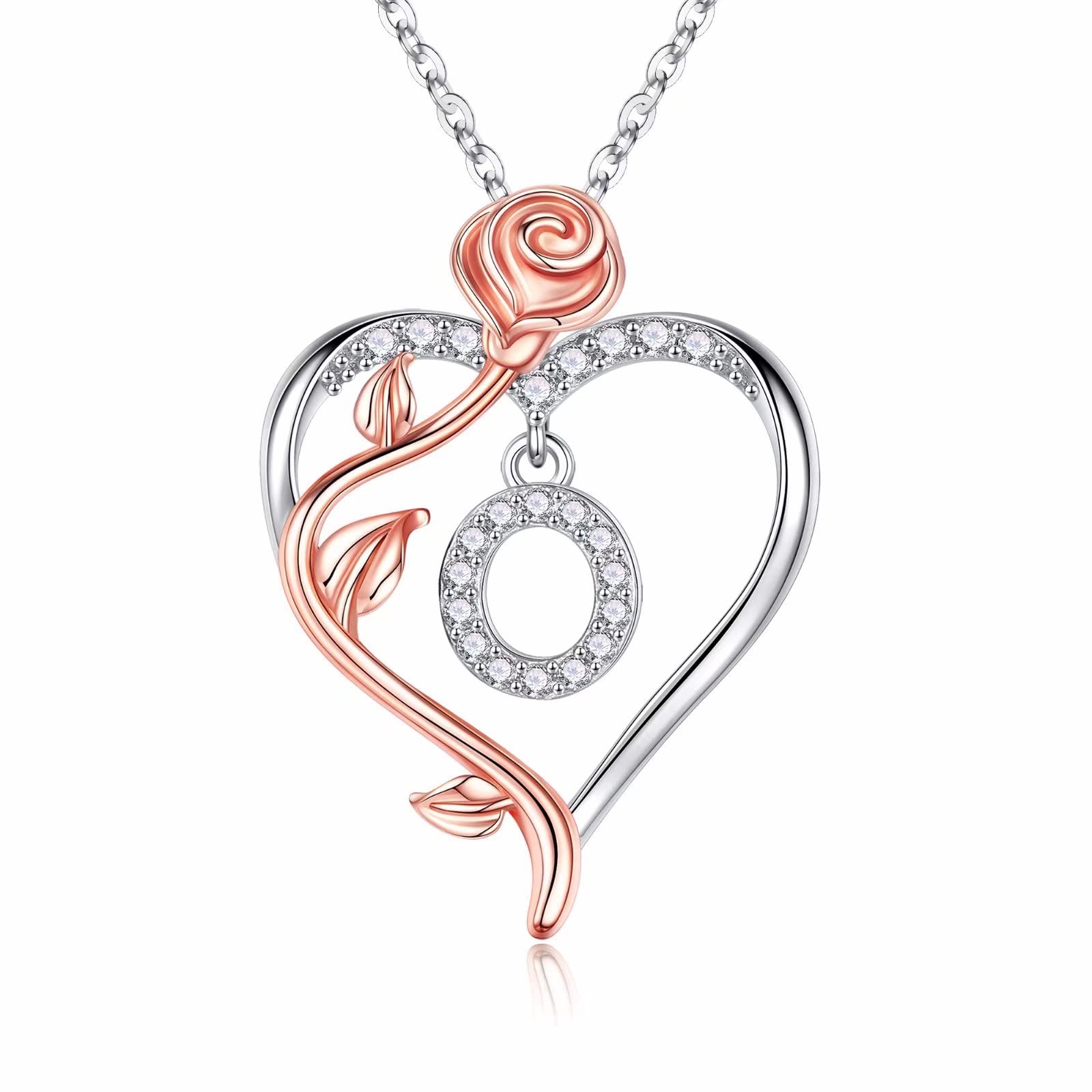 925 Sterling Silver Rose Heart Initial Necklace for Women - Personalized Anniversary Birthday Gift for Wife, Girlfriend, Mom | Romantic Jewelry for Valentine's Day, Mother's Day & Special Occasions