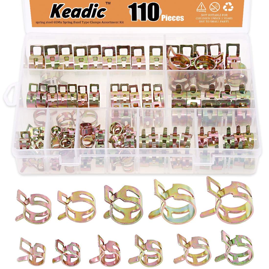 Keadic KSHC-110 110-Piece Spring Hose Clamp Assortment Kit (7mm-17mm, 11 Sizes) - Stainless Steel Vacuum Hose Clamps for Fuel, Silicone, Air & Water Pipes - Ideal for Automotive, Plumbing & DIY Projects