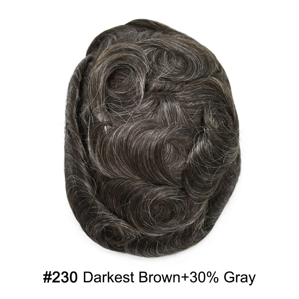 Men's Toupee Hair System - 0.1-0.12mm PU Base with European Remy Human Hair - Natural Looking Hair Replacement for Thinning Hair - 7x9 Size in #230#2 Dark Brown with 30% Synthetic Grey (120% Density) - Perfect for Daily Wear, Special Occasions & Confidence Boosting