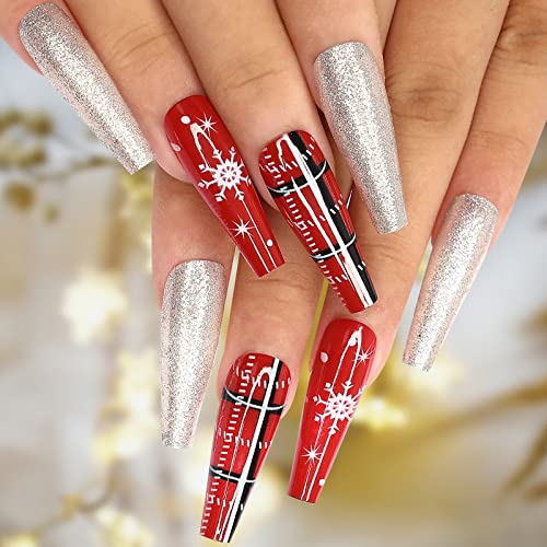 Kikmoya Christmas Press on Nails - 24pcs Long Red Coffin Fake Nails with Snowflakes & Silver Glitter Design, Pink Glossy Acrylic Artificial Nails for Women (Silver Red Snowflake) - Perfect for Holiday Parties, Gift Giving & Festive Nail Art
