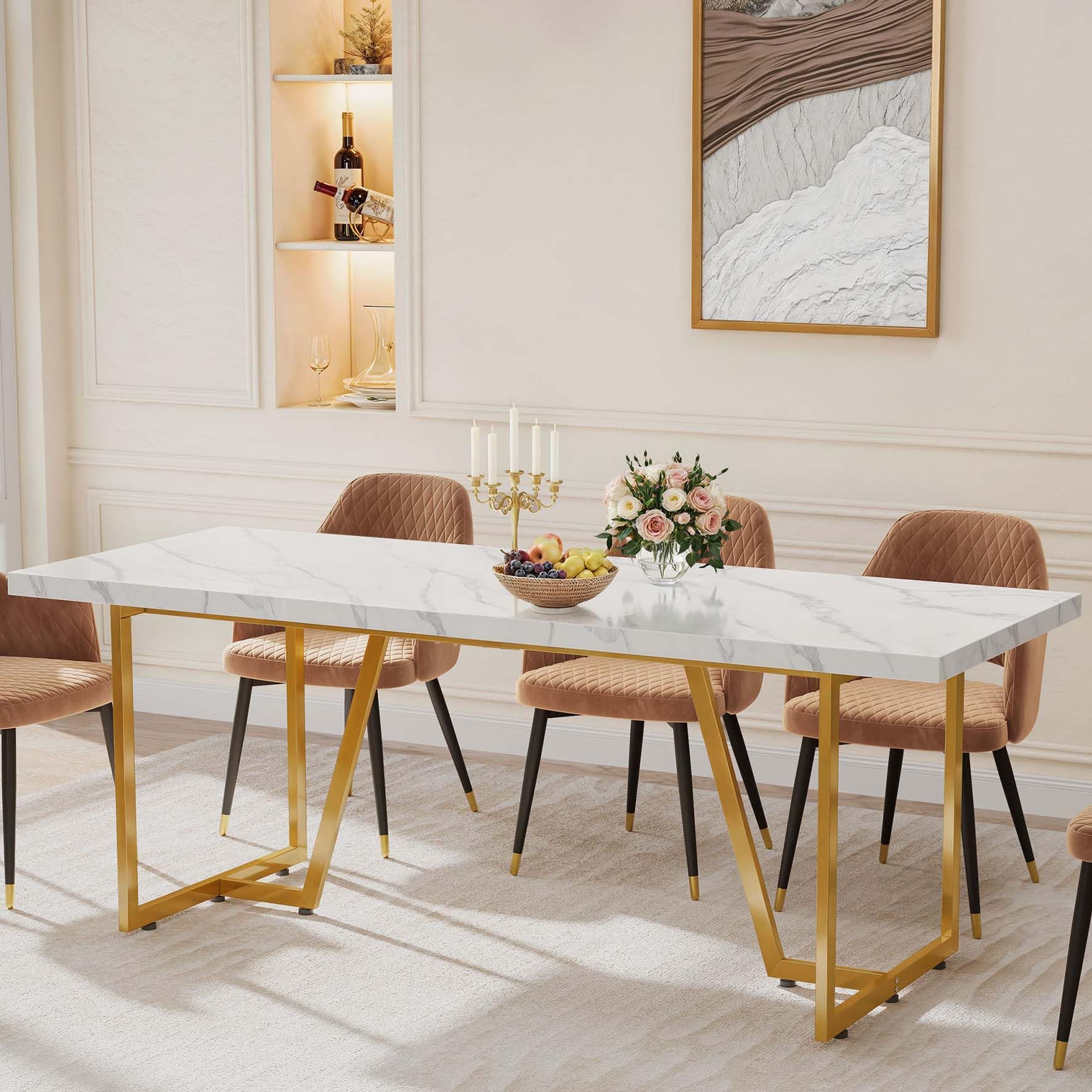 DWVO 82.6'' Large Modern Rectangular Dining Table for 8-10 People - White Faux Marble Tabletop with Geometric Gold Metal Legs - Solid Wood Kitchen & Dining Room Table for Family Gatherings, Dinner Parties & Entertaining Guests