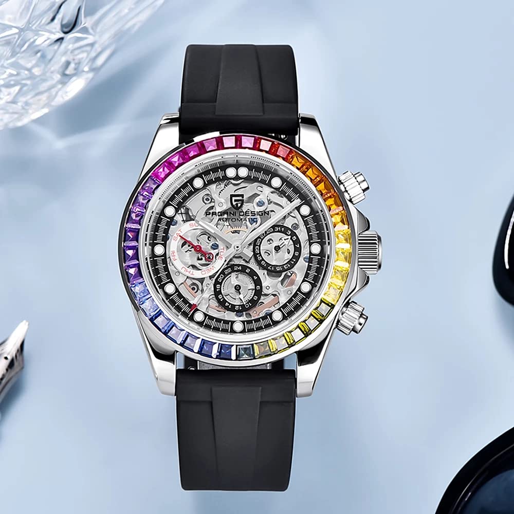 Pagani Design Luxury Men's Automatic Skeleton Watch - Stainless Steel Rainbow Bezel, Rubber Strap, 100M Waterproof - Perfect for Sports, Business & Formal Occasions