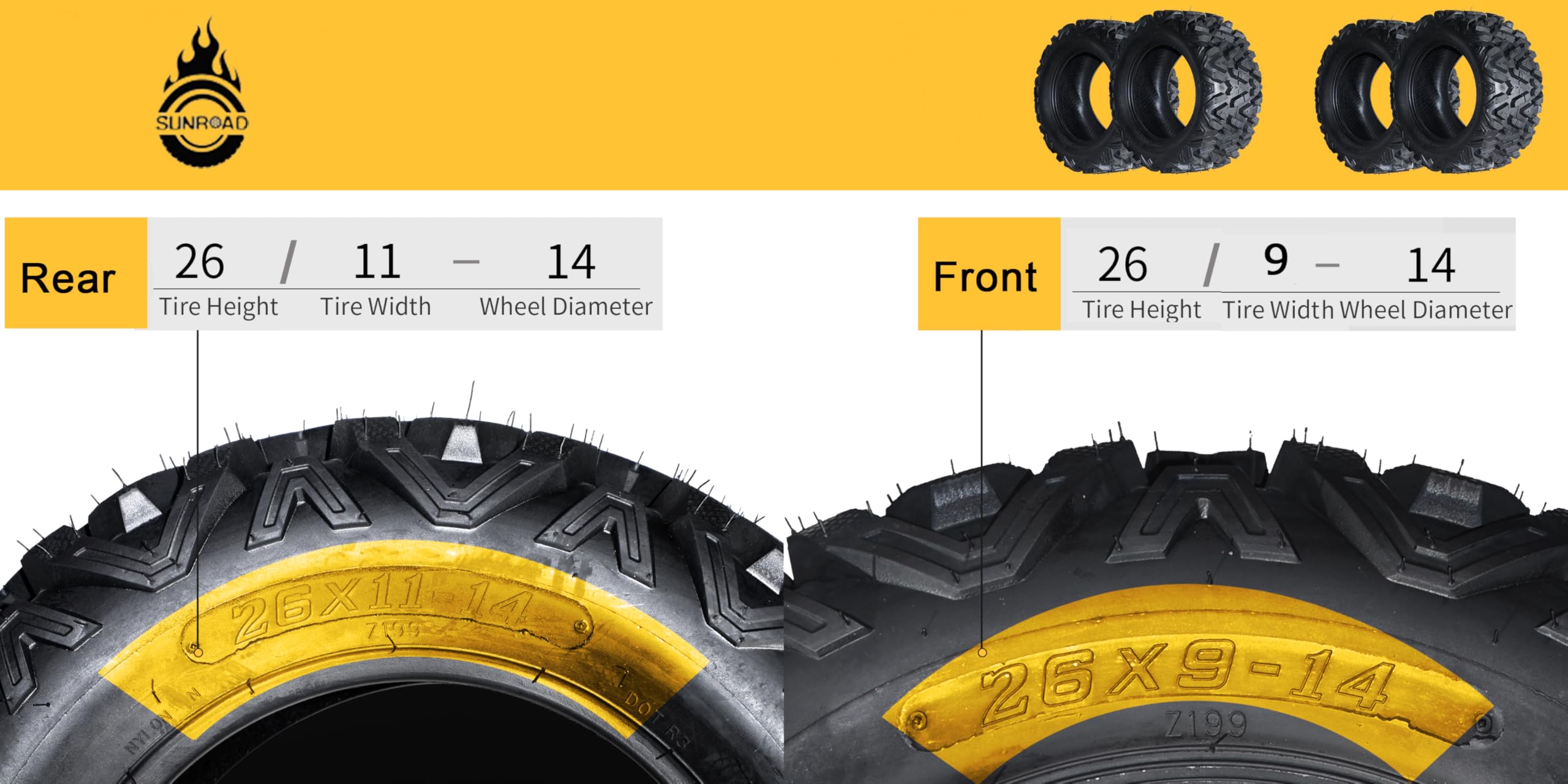 SUNROAD 4-Pack ATV/UTV Sport Tires - 26x9.00-14 Front & 26x11.00-14 Rear 6-Ply All-Terrain Tubeless Tires (26x9x14 & 26x11x14) for Off-Roading, Mudding & Trail Adventures
