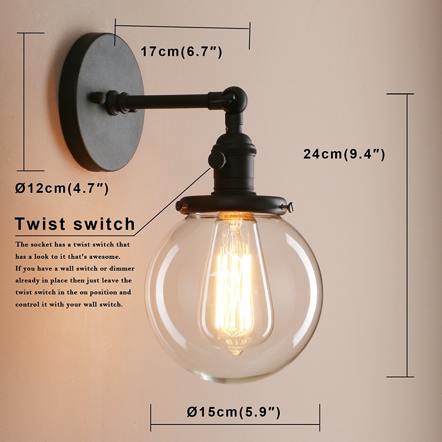Pathson Globe Wall Sconce with Round Glass Pendant & Switch - Bedroom Lighting