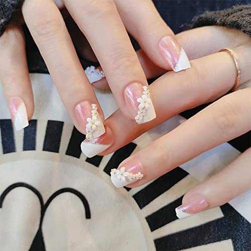 YKNAWOIR Short Press On Nails - White 3D Flower Fake Nails Full Cover Acrylic False Nails for Women & Girls (24PCS) with Glue - Perfect for Weddings, Parties & Everyday Wear