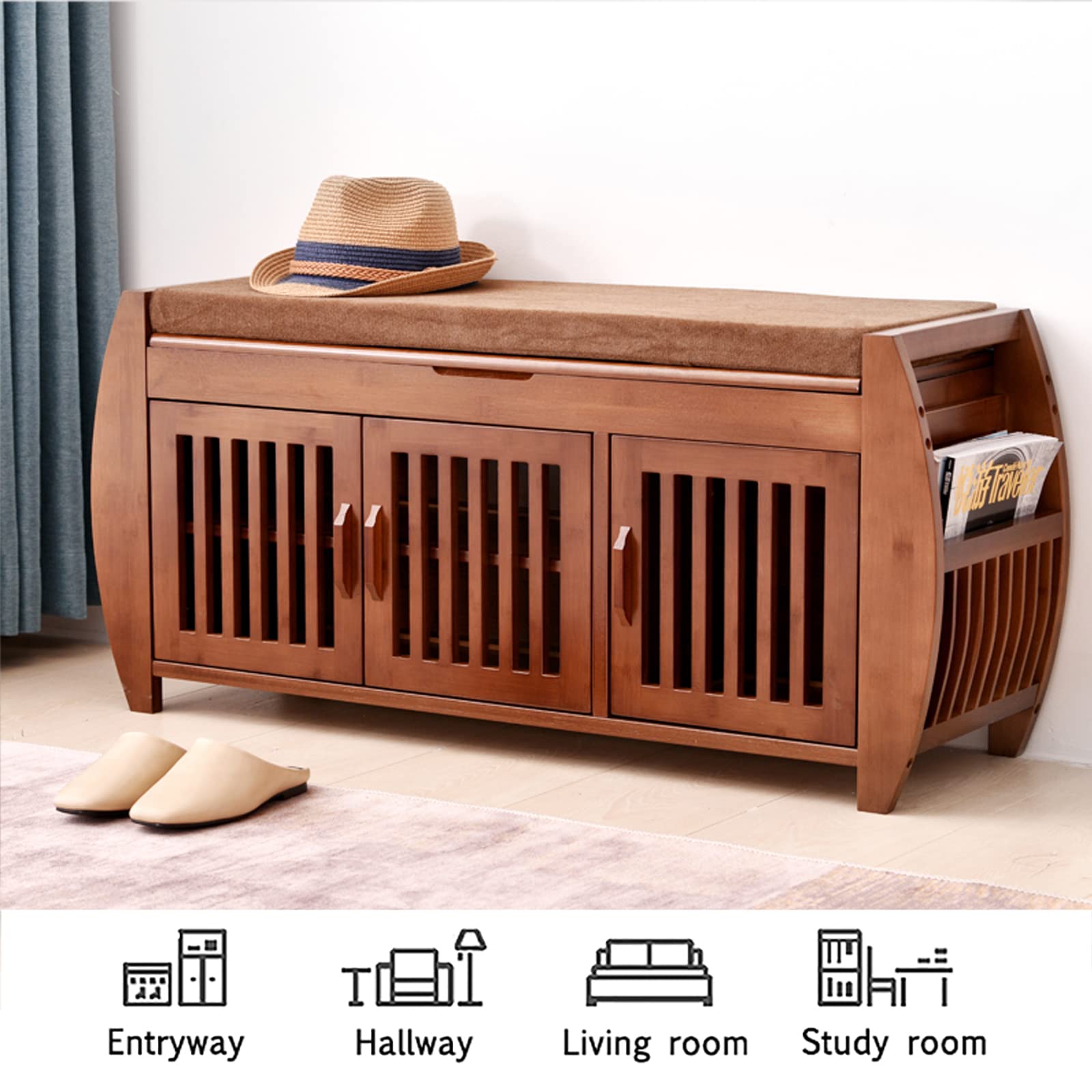 40 Inch Rustic Bamboo Shoe Storage Bench with Doors - Entryway Shoe Organizer Cabinet for Hallway, Living Room & Bedroom | Space-Saving Shoe Bench for Home Decor & Organization