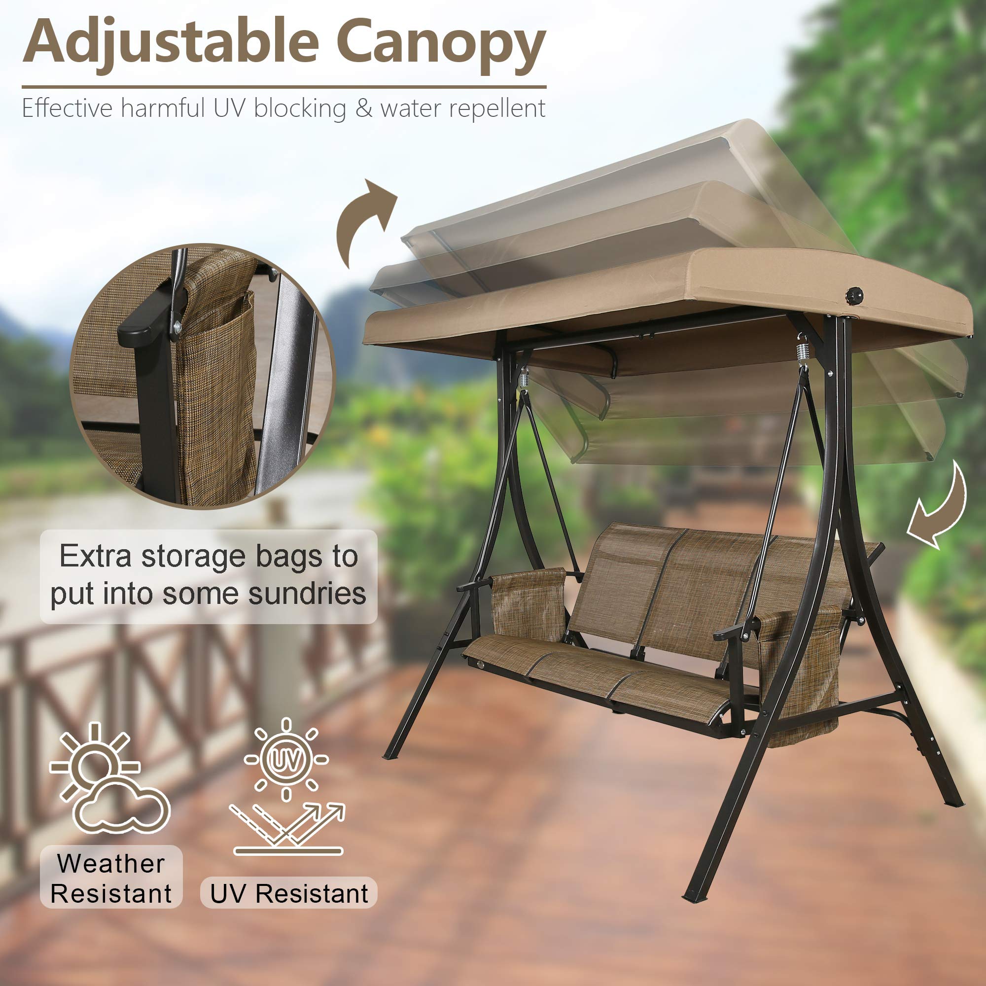 3-Seat Textilene Porch Swing with Stand & Adjustable Canopy - Outdoor Patio Glider Swing for Garden, Backyard, Deck (Brown) - Perfect for Relaxing, Lounging & Enjoying Nature