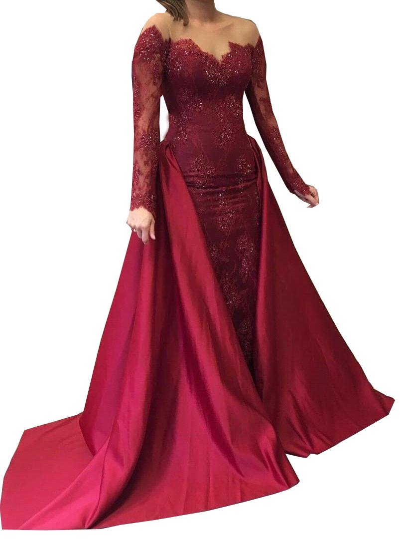Plus Size Prom Dresses 2023 | Burgundy Long Sleeve Formal Gown with Lace Sheer Neckline | Elegant Evening Gown for Homecoming, Ball, Wedding & Special Occasions