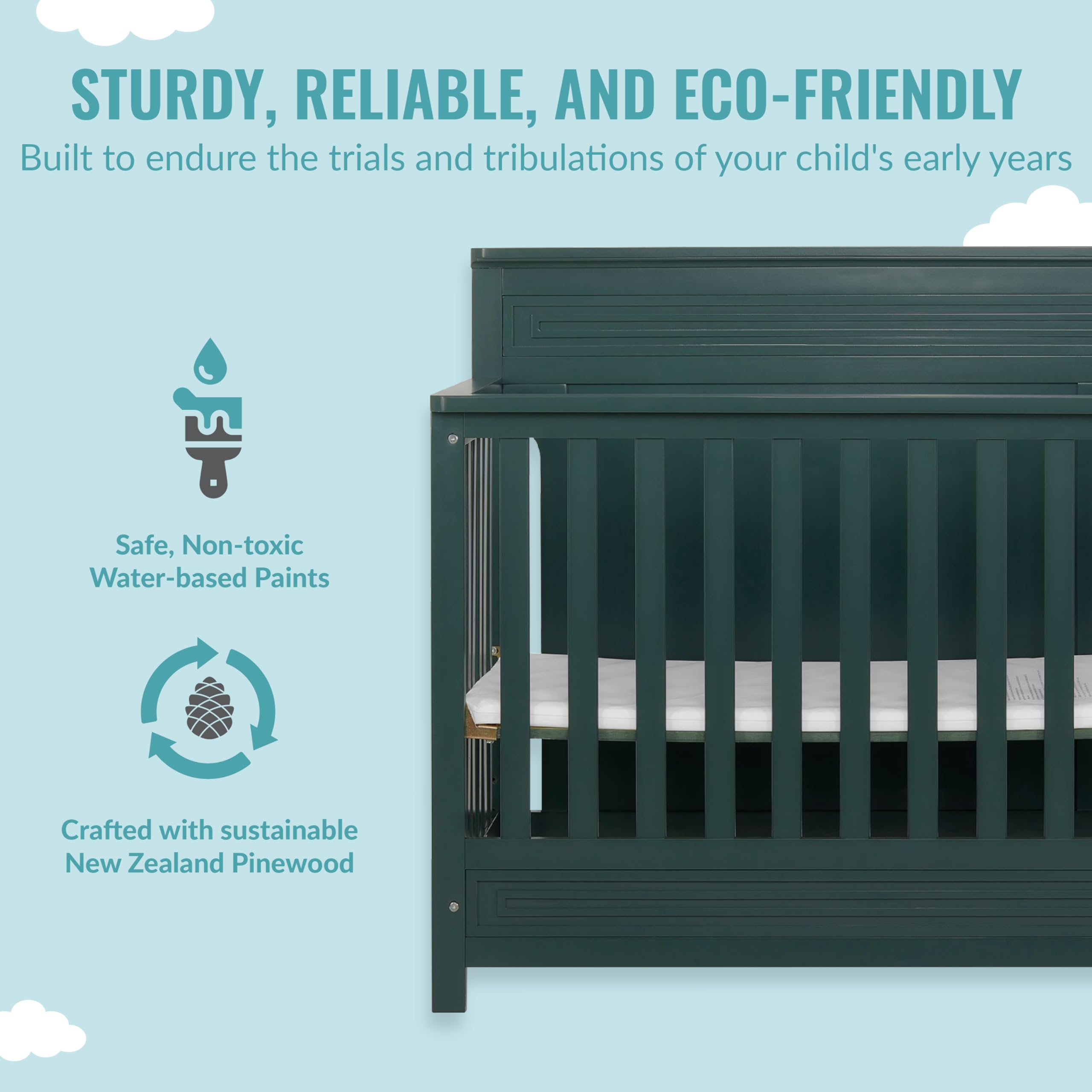 Dream On Me Harbor 4-in-1 Convertible Mini Crib - Solid Pinewood, JPMA Certified, Water-Based Paint Finish (Olive Green) | 3 Adjustable Mattress Heights | Perfect for Nursery, Small Spaces & Travel | Safe Baby Bed for Newborns to Toddlers