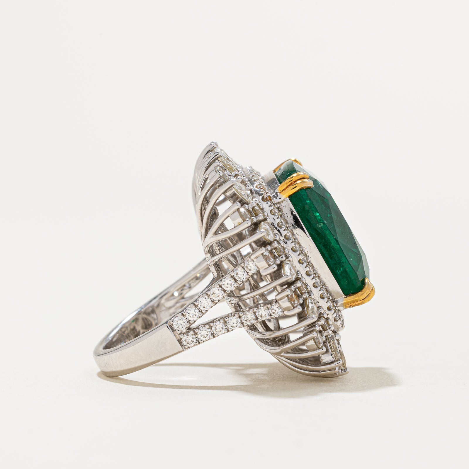 18K White Gold Emerald and Diamond Cocktail Ring - 17.37ct Emerald & 1.87ctw Diamonds - Size 7.25 - Elegant Evening Wear & Special Occasion Jewelry