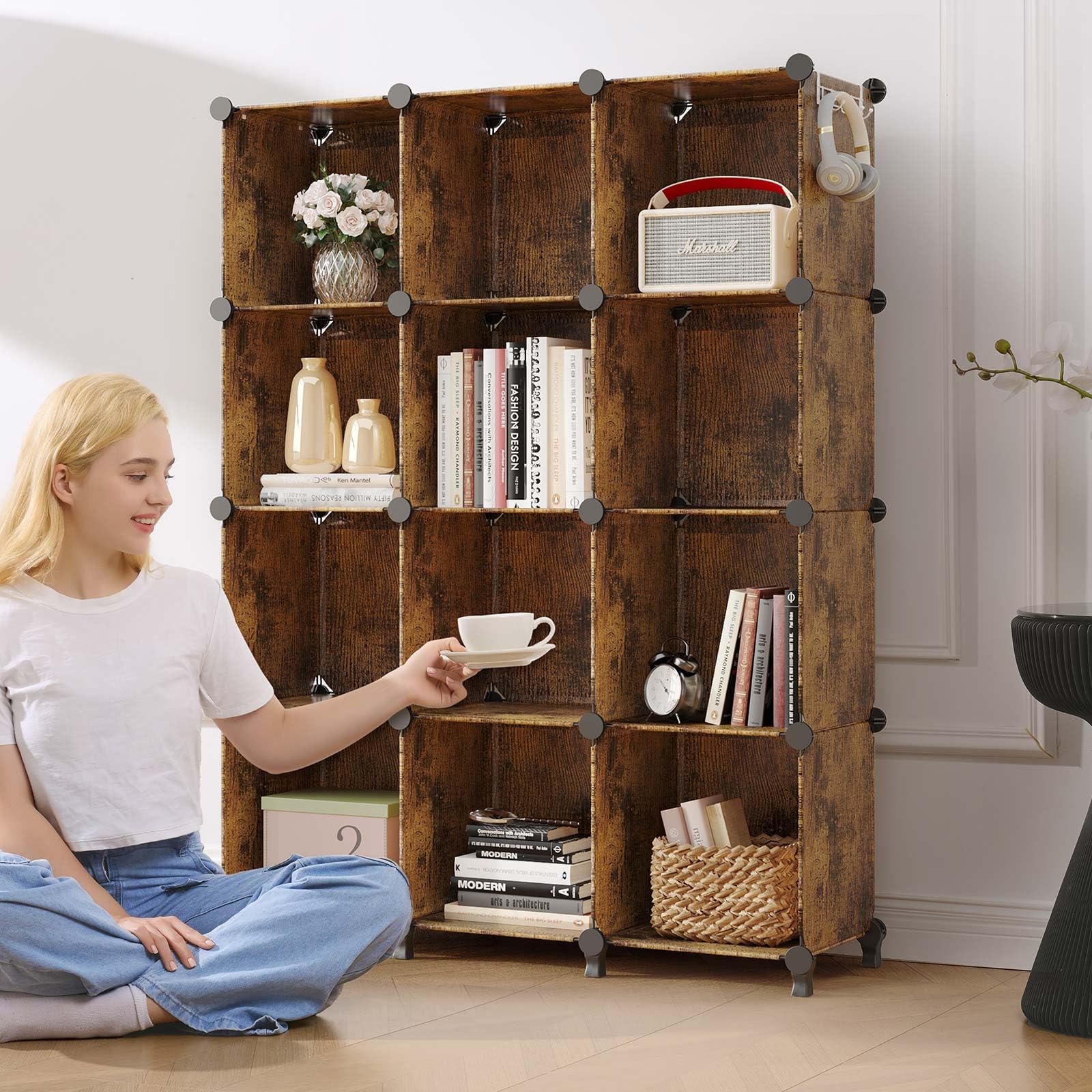GREENSTELL 12-Cube Closet Organizer with Rubber Mallet - Portable Storage Shelves for Kids Clothes, Bedroom, Office (11.8x11.8x11.8 Inch) - Rustic Brown - Perfect for Small Spaces, Nursery Organization & Home Office Storage