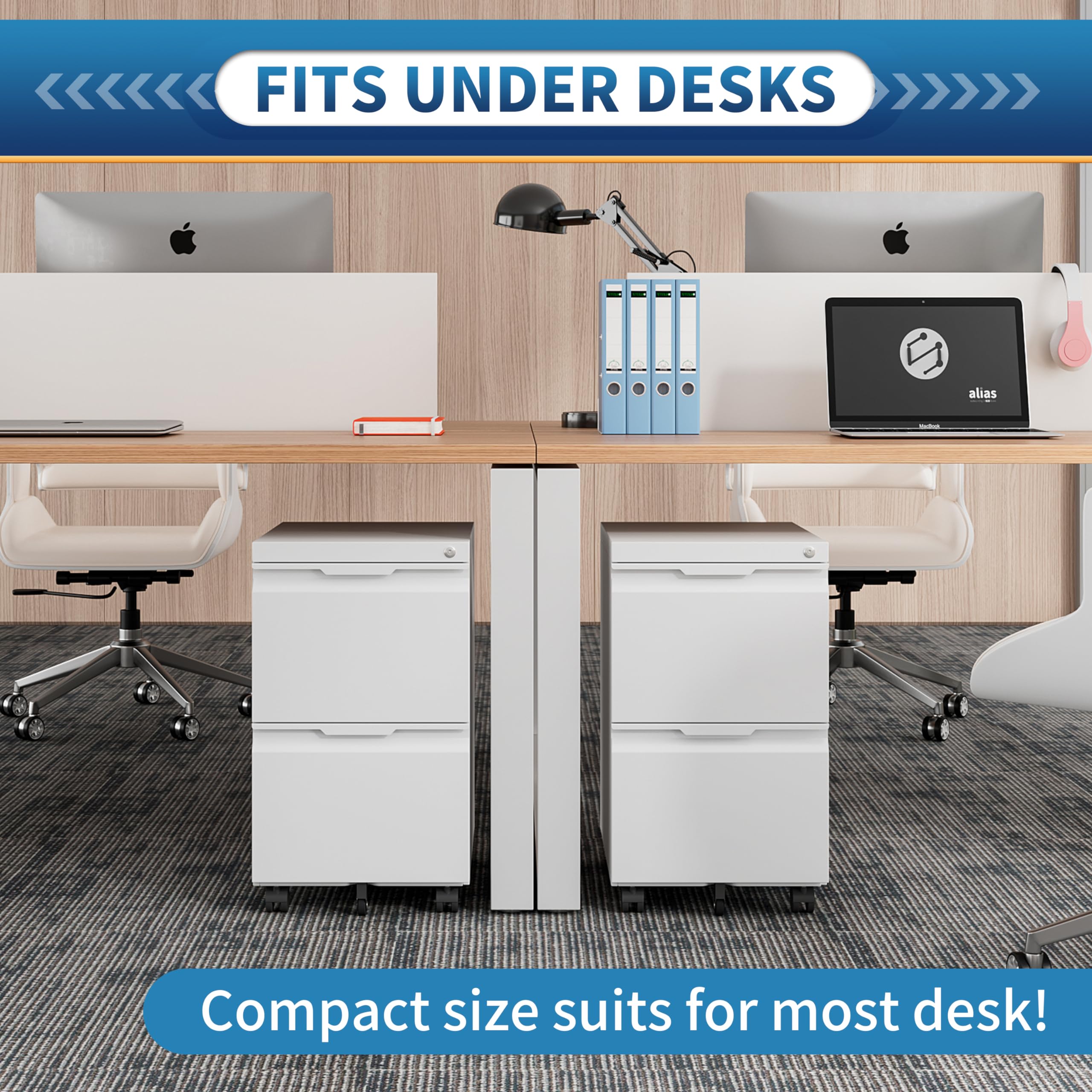 2-Drawer Locking File Cabinet with Wheels - Mobile Storage for Legal, Letter & A4 Files - Home Office Organization Under Desk - White - Perfect for Small Spaces & Document Security