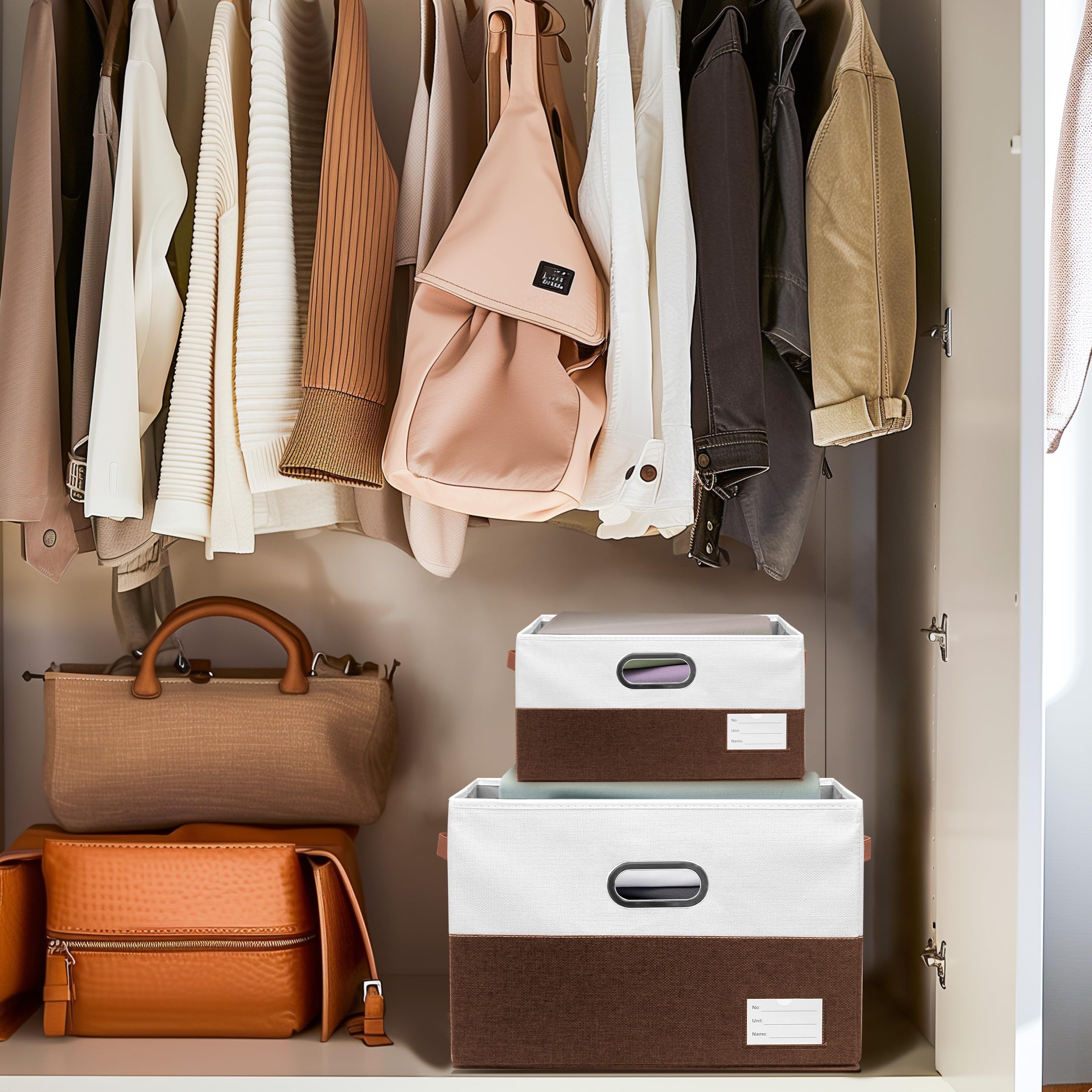 Foldable Fabric Storage Bins with Handles - Collapsible Closet Organizer for Bedroom, Living Room & Office - Multi-Purpose Storage Boxes (Brown & White, 3 Pack 17x11.8x10.6 Inches) - Perfect for Clothes, Toys & Home Organization