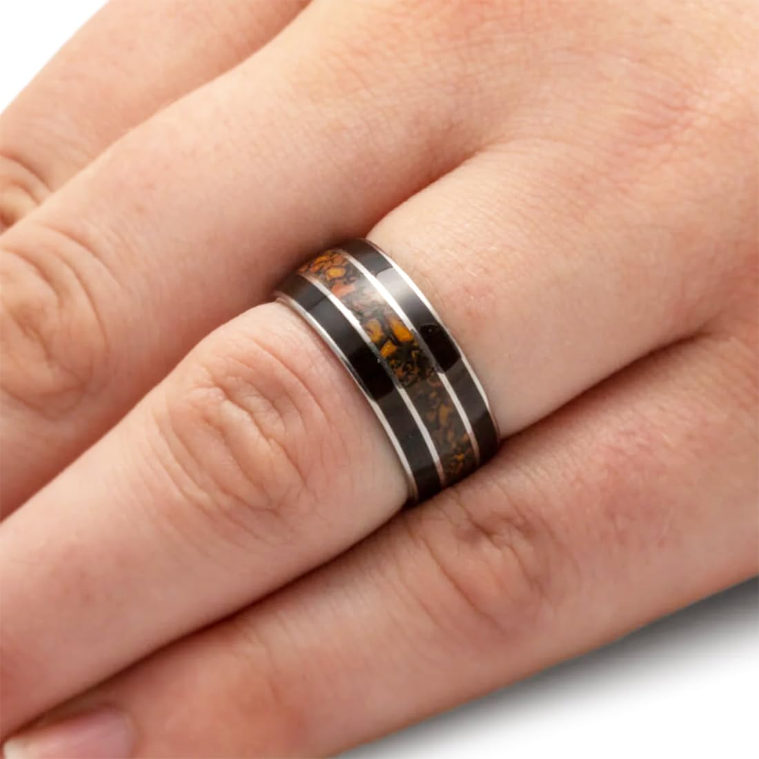 Unisex Titanium Comfort-Fit Band - 10mm African Blackwood & Dinosaur Bone Wedding Ring for Men & Women - Perfect for Everyday Wear, Anniversary Gifts & Unique Jewelry Collections