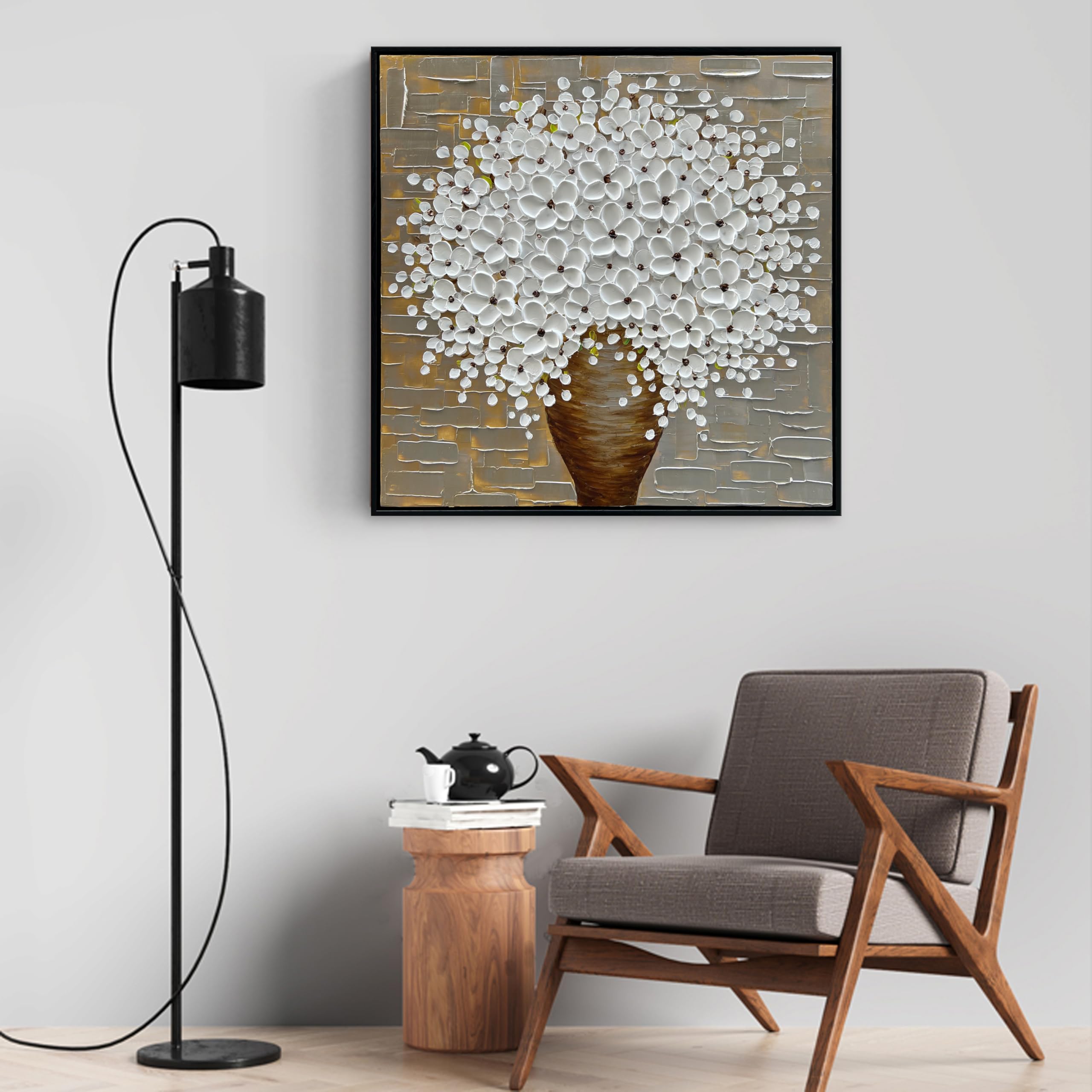 Hand-Painted 3D White Flower Oil Painting on Black Framed Canvas - 24x24 Inch Art Deco Wall Decor for Living Room, Bedroom & Office | Thick Texture Background Floral Mural