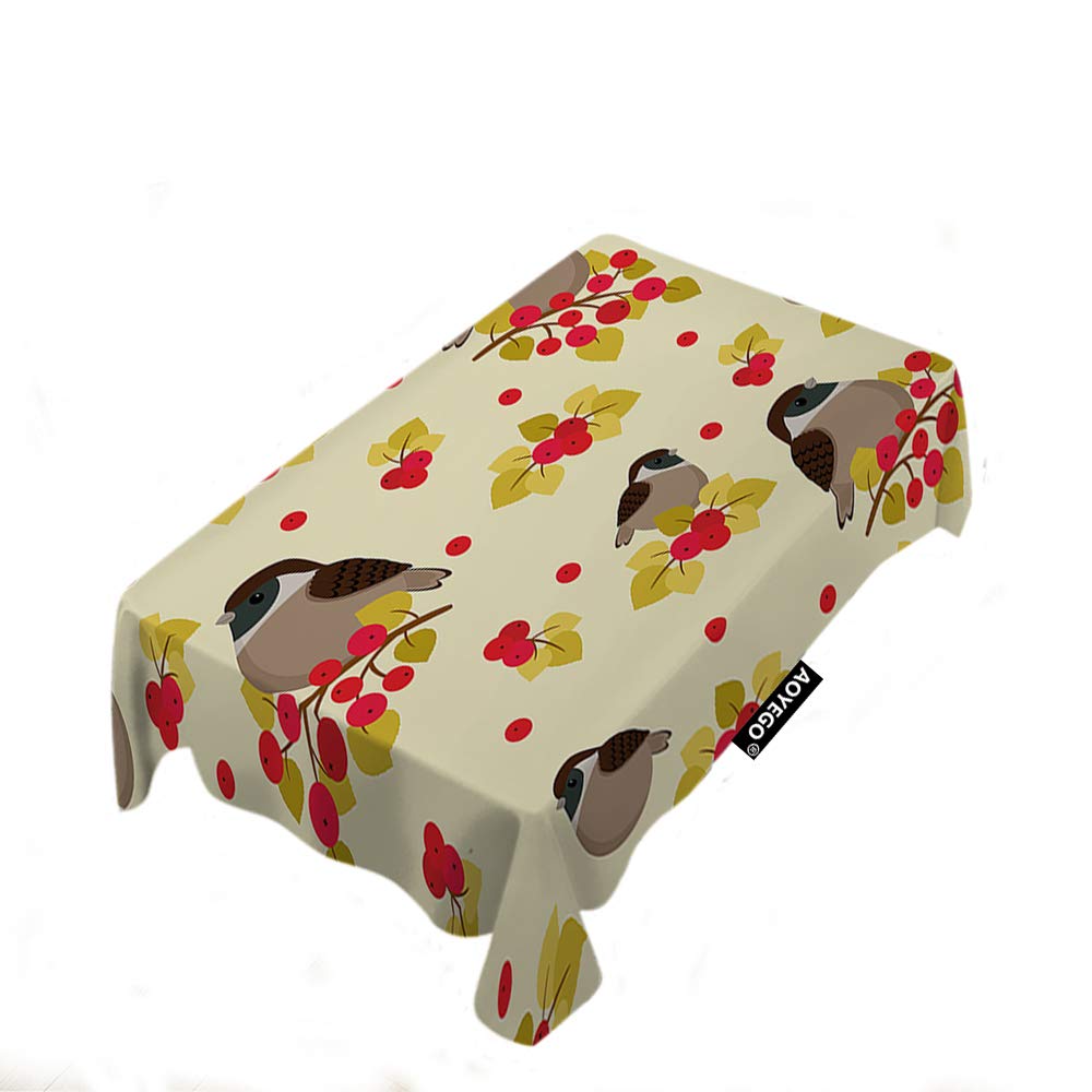 Premium AOYEGO Rectangle Tablecloth - Cute Sparrow & Berry Design, 60x104 Inch, Durable Polyester for Indoor/Outdoor Use | Perfect for Picnics, Dinner Parties, and Outdoor Dining