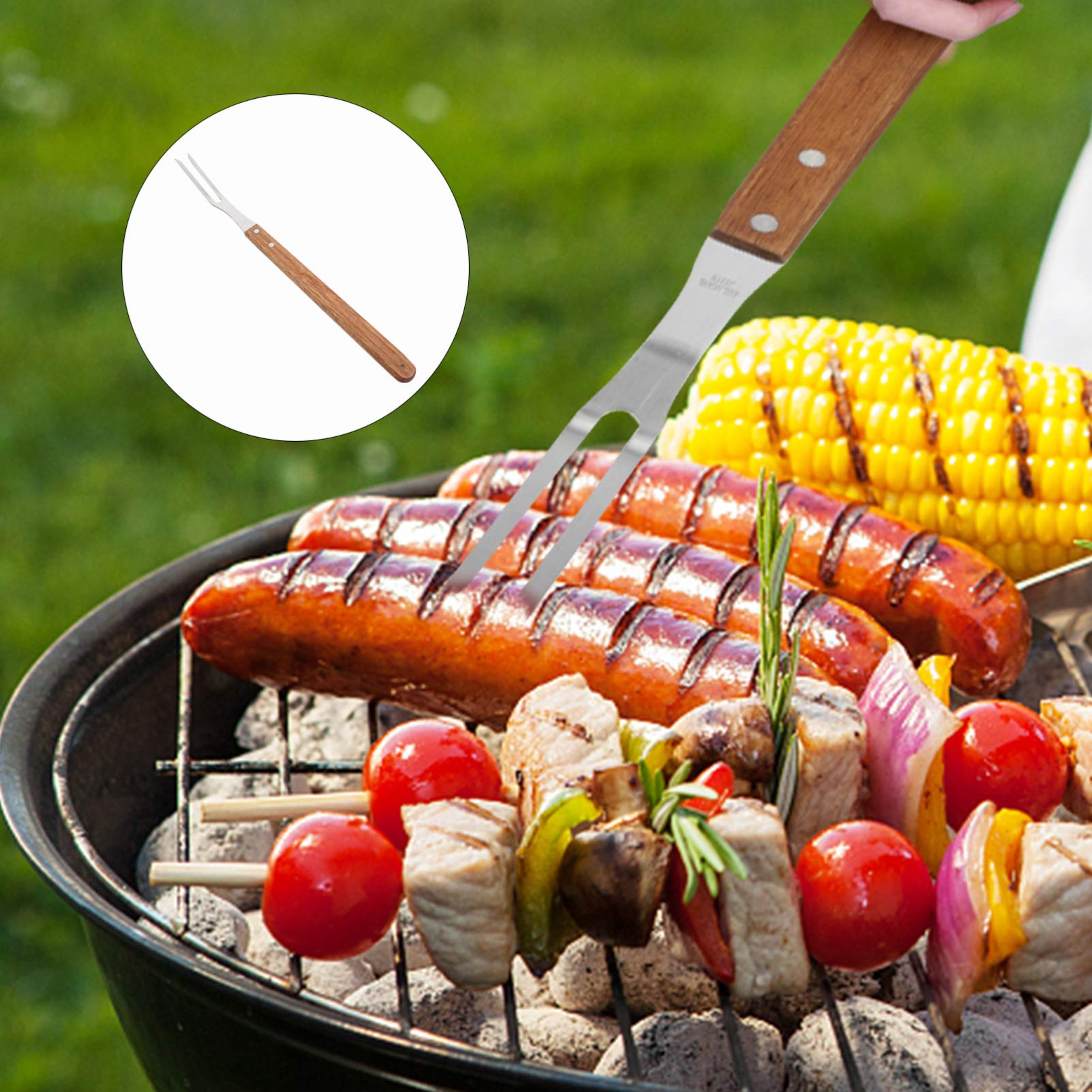 Premium Stainless Steel BBQ Forks & Skewers Set - 2-Piece Grilling Tools with Wooden Handle for Outdoor Cooking, Camping, and Backyard Barbecues | Durable Metal Skewers for Meat, Vegetables, and Kebabs