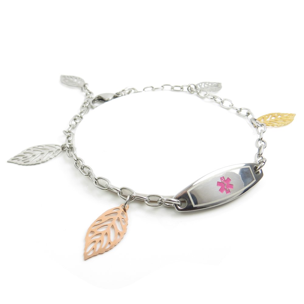 Custom Engraved Women's Narcolepsy Medical Alert Bracelet with Steel Leaves Design - Includes Free Wallet Card for Emergency Situations | Perfect for Daily Wear, Travel & Outdoor Activities