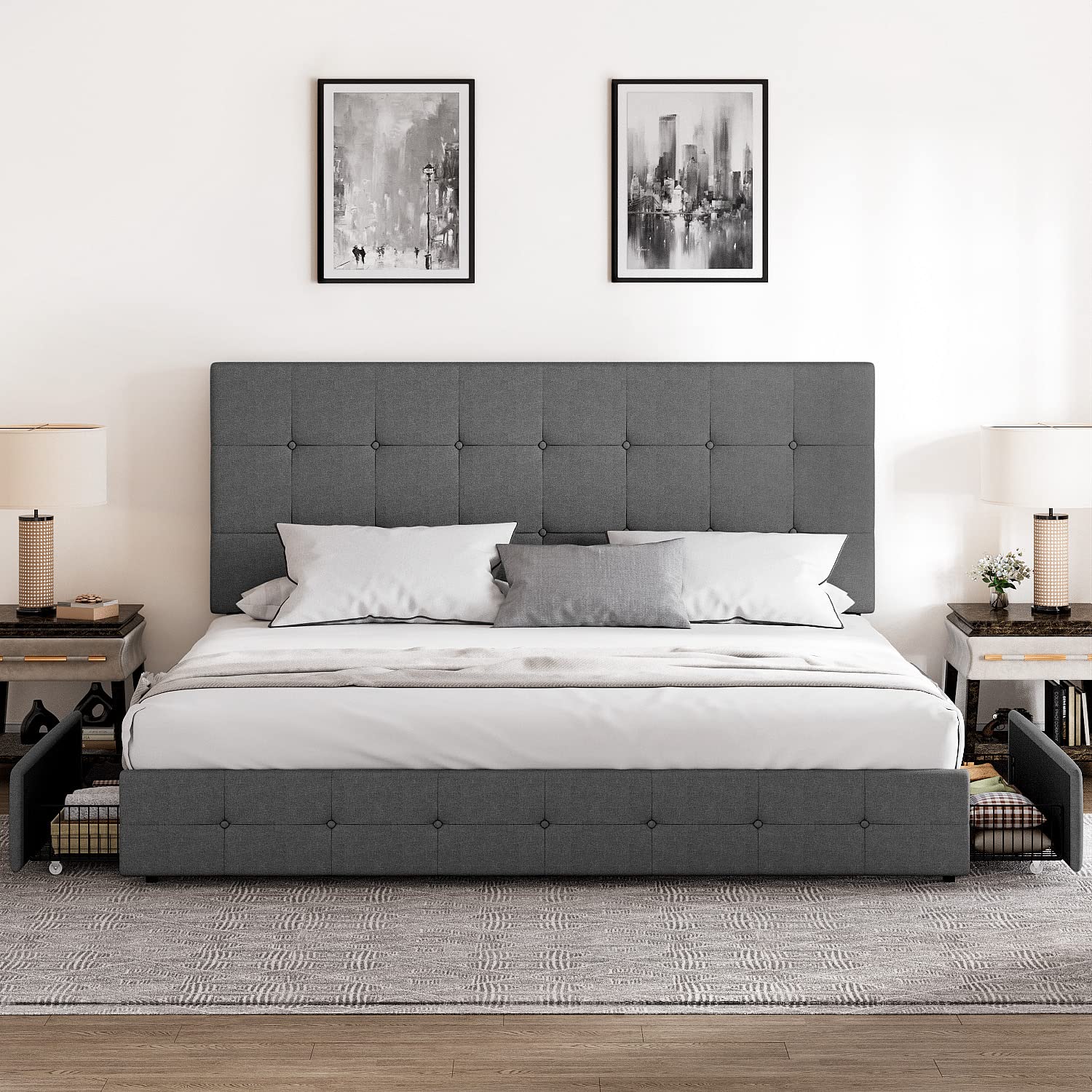 IMUsee King Bed Frame with Storage Drawers - Upholstered Platform Bed with Adjustable Tufted Headboard, Wood Slat Support, No Box Spring Needed, Dark Grey - Perfect for Master Bedroom, Guest Room & Small Space Storage Solutions