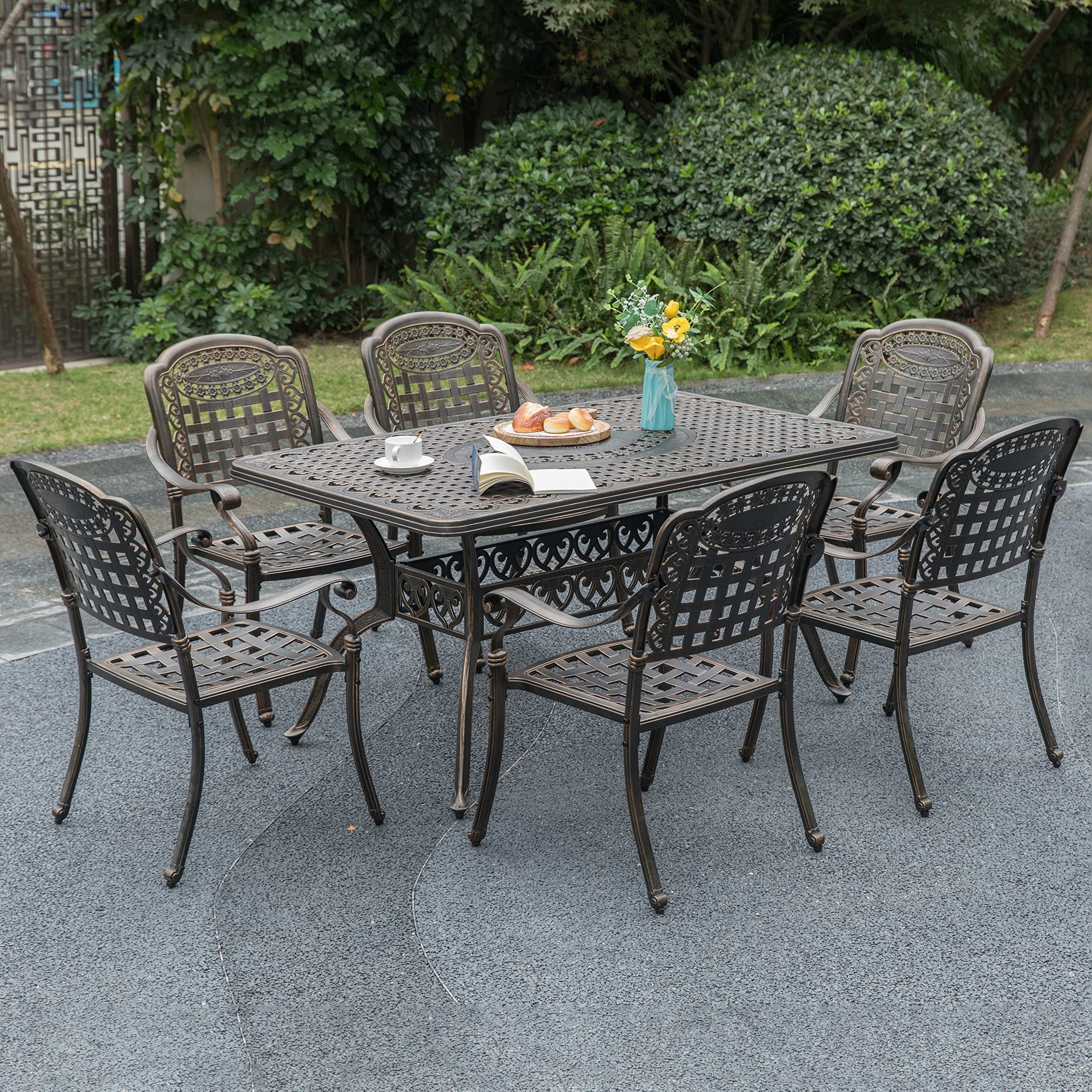 Gardenised Indoor & Outdoor Patio Bistro Chairs with Armrests - Bronze Dining Set (2 Chairs + 1 Table) - Durable Cast Aluminum Furniture for Backyard, Garden, Cafe & Restaurant Use