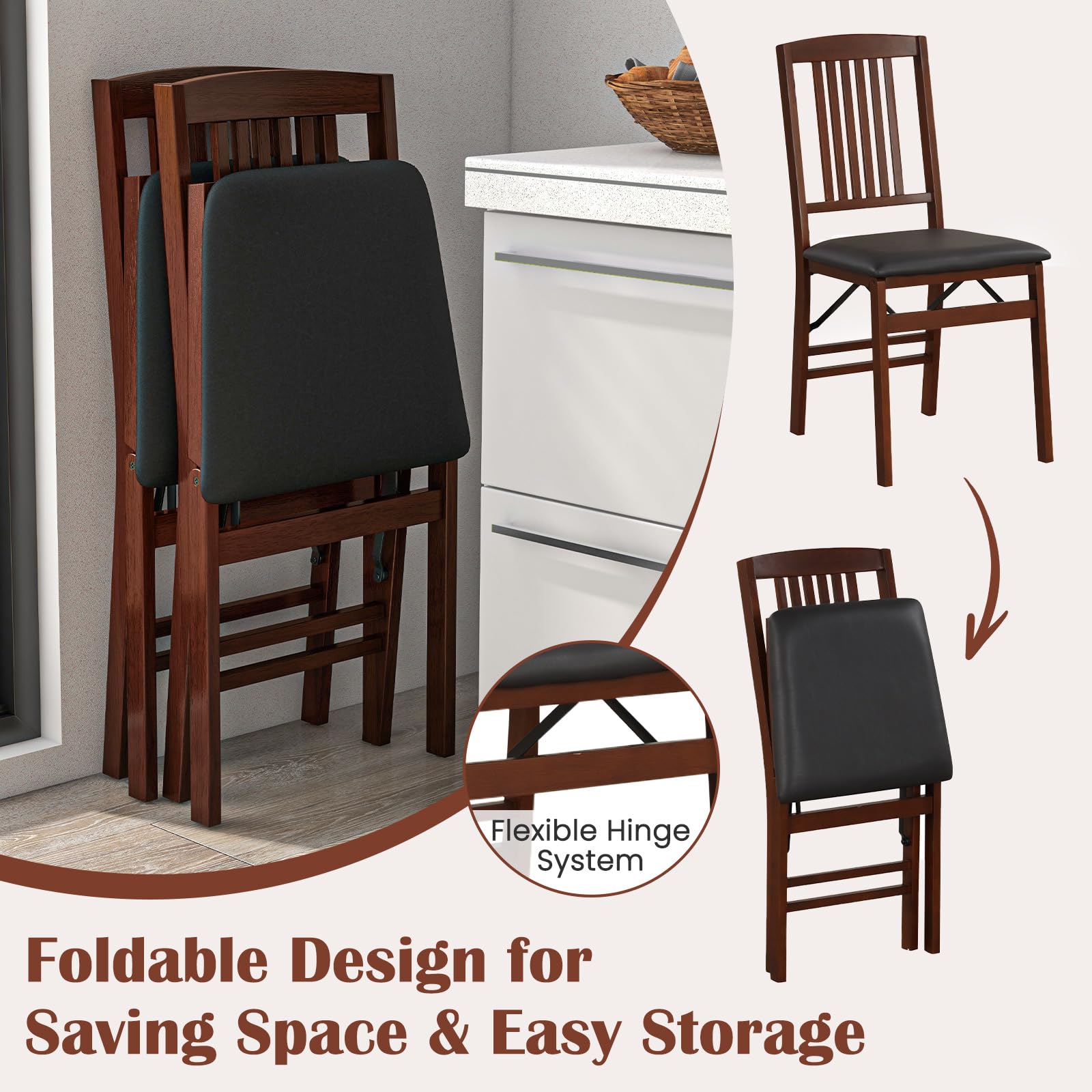 Giantex Solid Wood Folding Dining Chairs Set of 2 - 400 Lbs Capacity Foldable Kitchen Chairs with Padded Seat, No Assembly Armless Side Chairs for Small Space - Perfect for Apartments, Dining Rooms & Kitchenettes (Brown & Black)