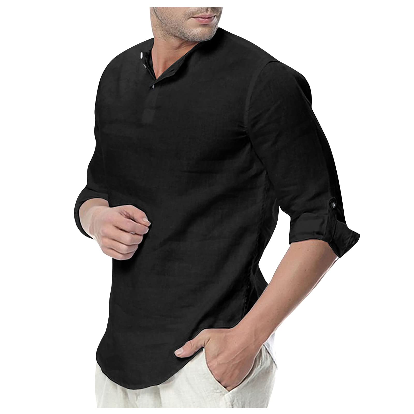 Ymosrh Men's Long Sleeve Casual Shirt - Breathable Cotton Linen Blend, Solid Color Loose Fit Stand Collar T-Shirt for Men | Perfect for Office, Travel & Everyday Wear