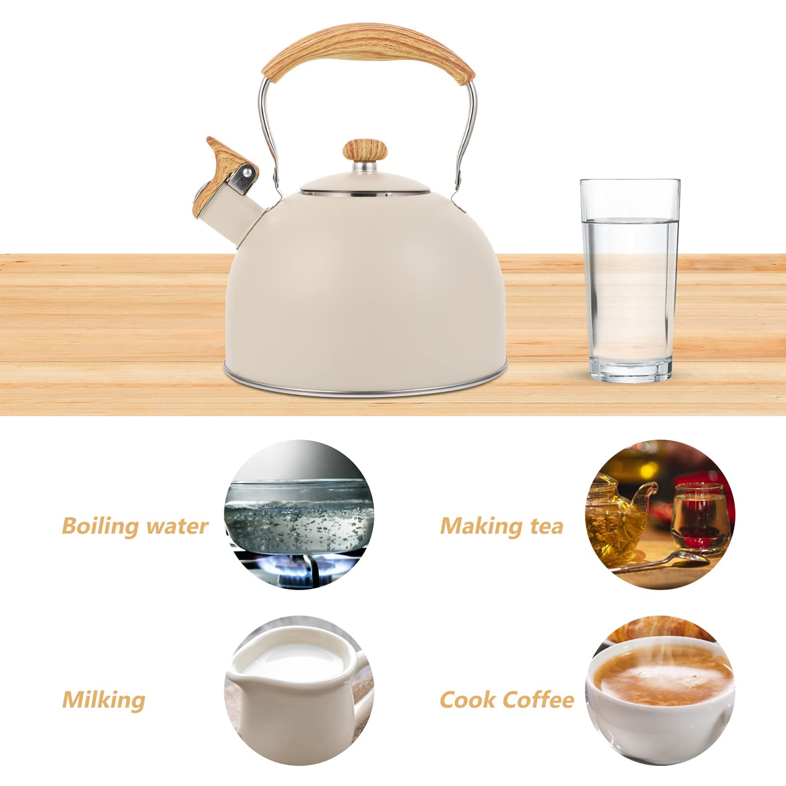 Premium Stainless Steel Whistling Tea Kettle with Wooden Handle - 1.5L Portable Stovetop Kettle for Home & Office - Perfect for Boiling Water, Making Tea, Coffee and Hot Beverages