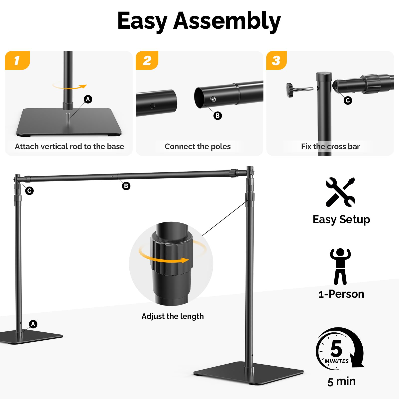 Heavy Duty 8x10 ft Adjustable Photo Backdrop Stand Kit with Steel Base - Professional Photography Backdrop Stand for Studio, Wedding, Birthday Party, Video Shoot - Durable & Portable for Indoor/Outdoor Use (Black)
