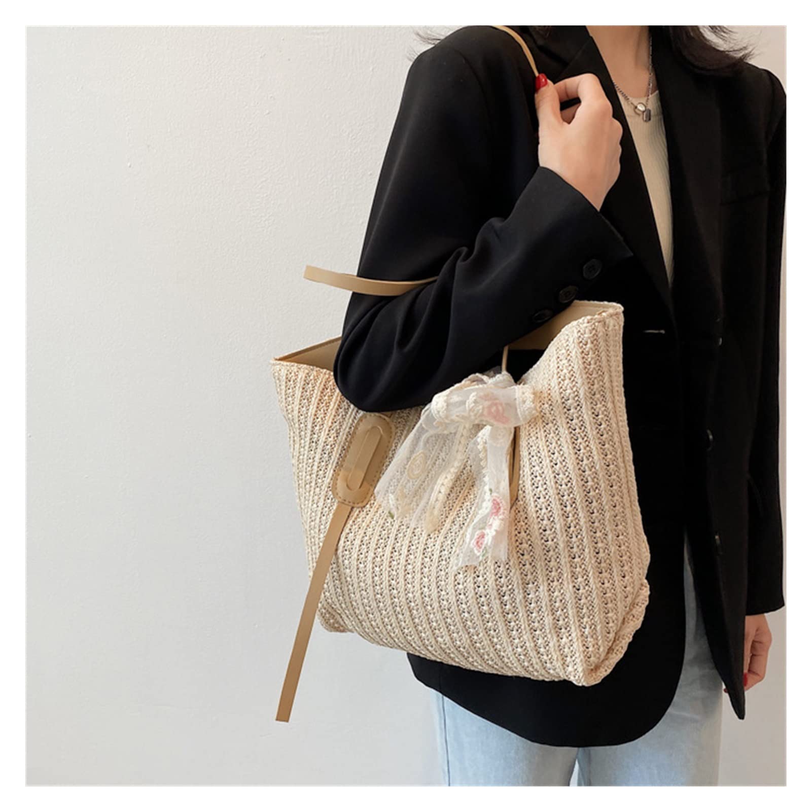 Stylish Large-Capacity Straw Tote Bag for Women - Korean Fashion Shoulder Bag (41cm, Multiple Colors) - Perfect for Beach, Shopping & Summer Outfits