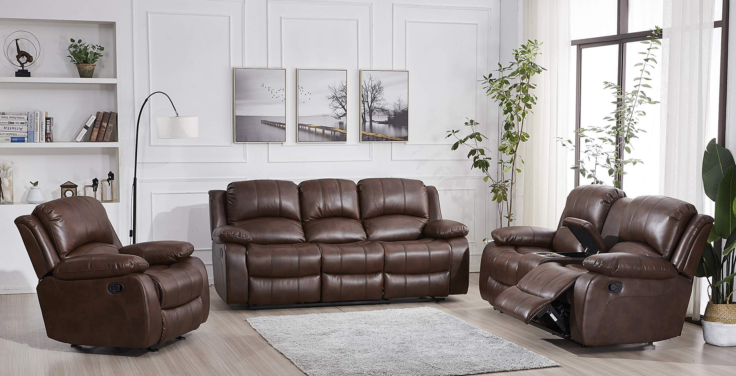 Betsy Furniture 3-Piece Bonded Leather Reclining Sofa Set - Living Room Loveseat & Glider Chair with Multiple Color Options (Brown) - Perfect for Family Movie Nights & Cozy Living Room Relaxation