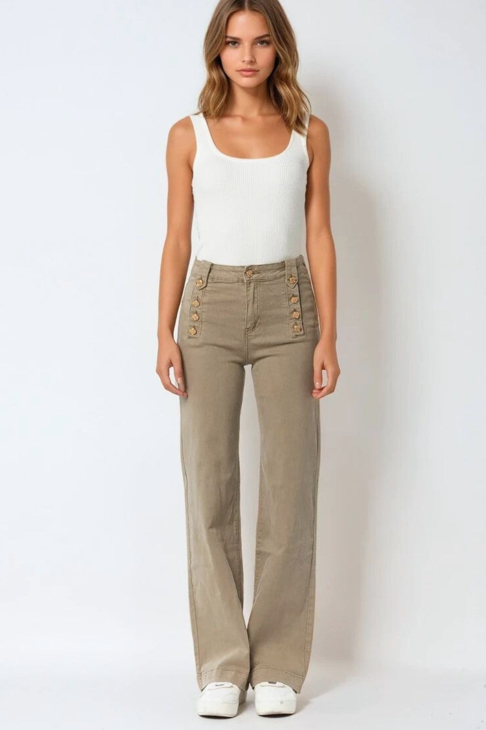 Women's High Waist Straight Leg Jeans with Gold Side Buttons in Beige - Perfect for Casual Outings, Office Wear & Date Nights