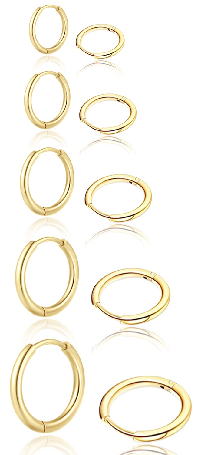 14K Gold Hoop Earrings for Women - Small Huggie Hoops for Cartilage, Helix & Tragus - Hypoallergenic Thin Hoop Earrings Set (6/7/8/9/10mm) - Perfect for Everyday Wear, Gifts & Multiple Piercings