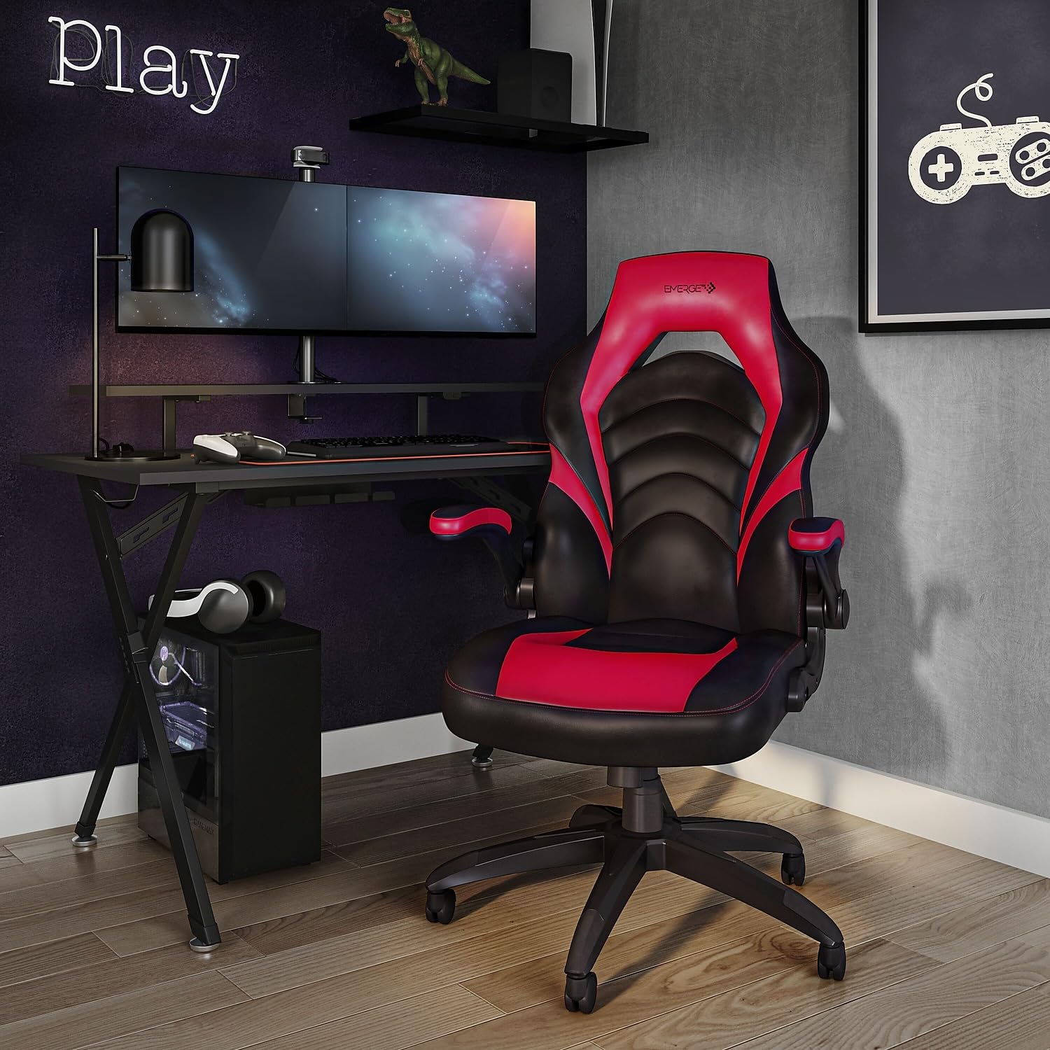 STAPLES 2710774 Ergonomic Gaming Chair with Lumbar Support - Black and Red - Perfect for PC, Console Gaming & Home Office Setup