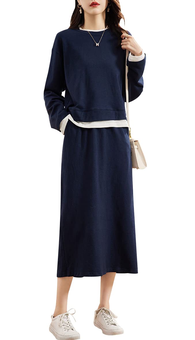 Women's 2 Piece Outfits - Crewneck Sweatshirt & A-Line Skirt Set | Casual Fall Winter Sweatsuit | Perfect for Streetwear, Date Night & Lounge Wear