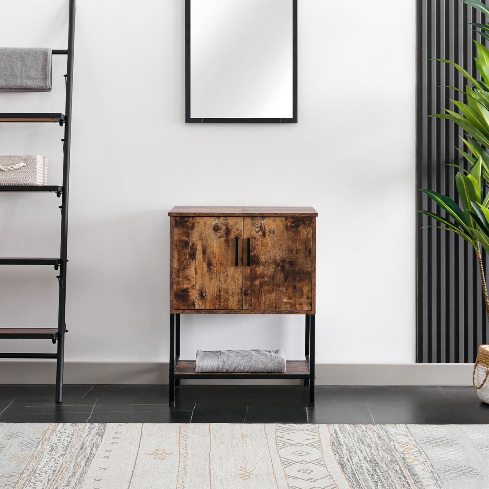 Eclife 24 Inch Modern Bathroom Vanity with Metal Stand & Bottom Shelf - Rustic Brown Freestanding Cabinet (Sink Not Included) | Perfect for Small Bathrooms, Powder Rooms & Apartment Renovations