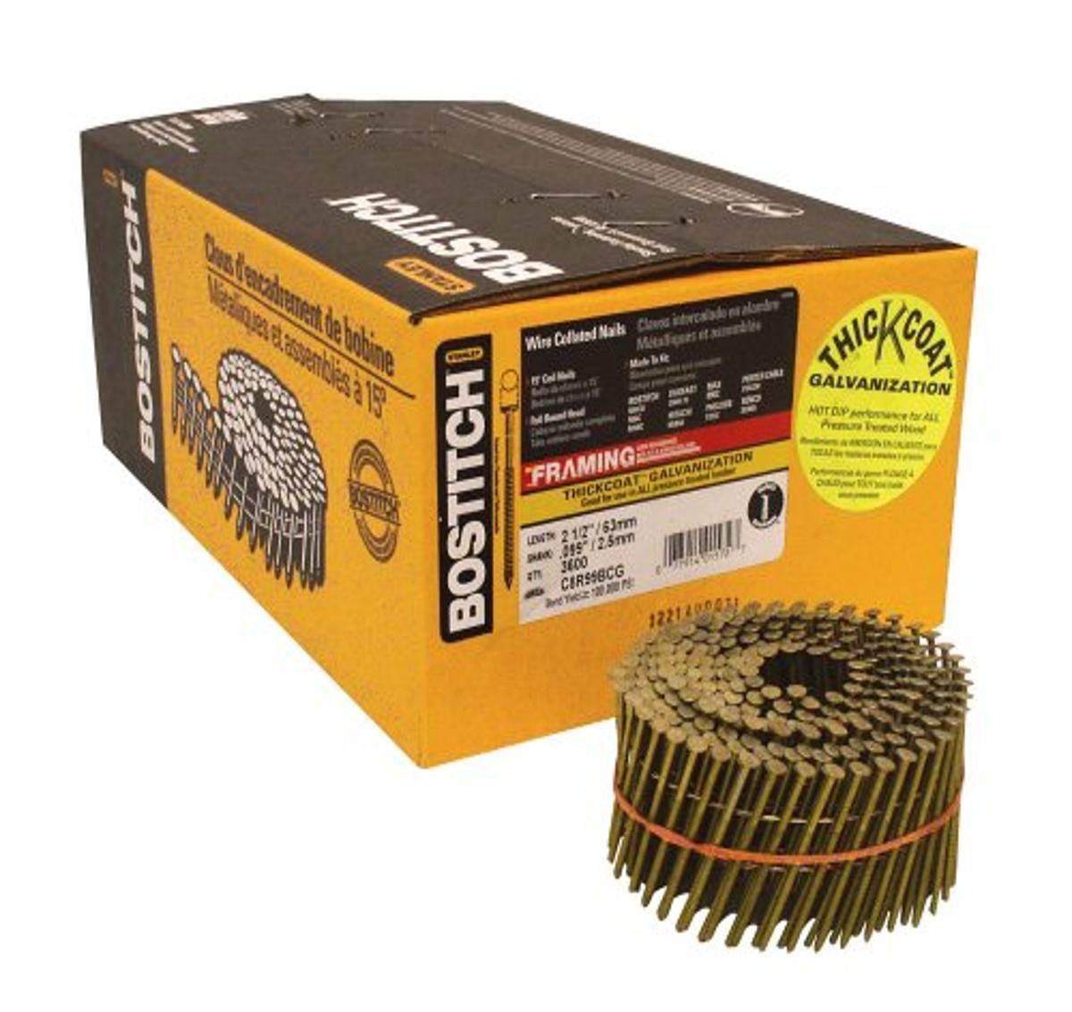BOSTITCH 15-Degree Wire Collated Framing Nails - 2-1/2 Inch x 0.099 Inch Galvanized Round Head Ring Shank Coil Nails (3600-Pack) - Ideal for Framing, Roofing, Decking & Construction Projects