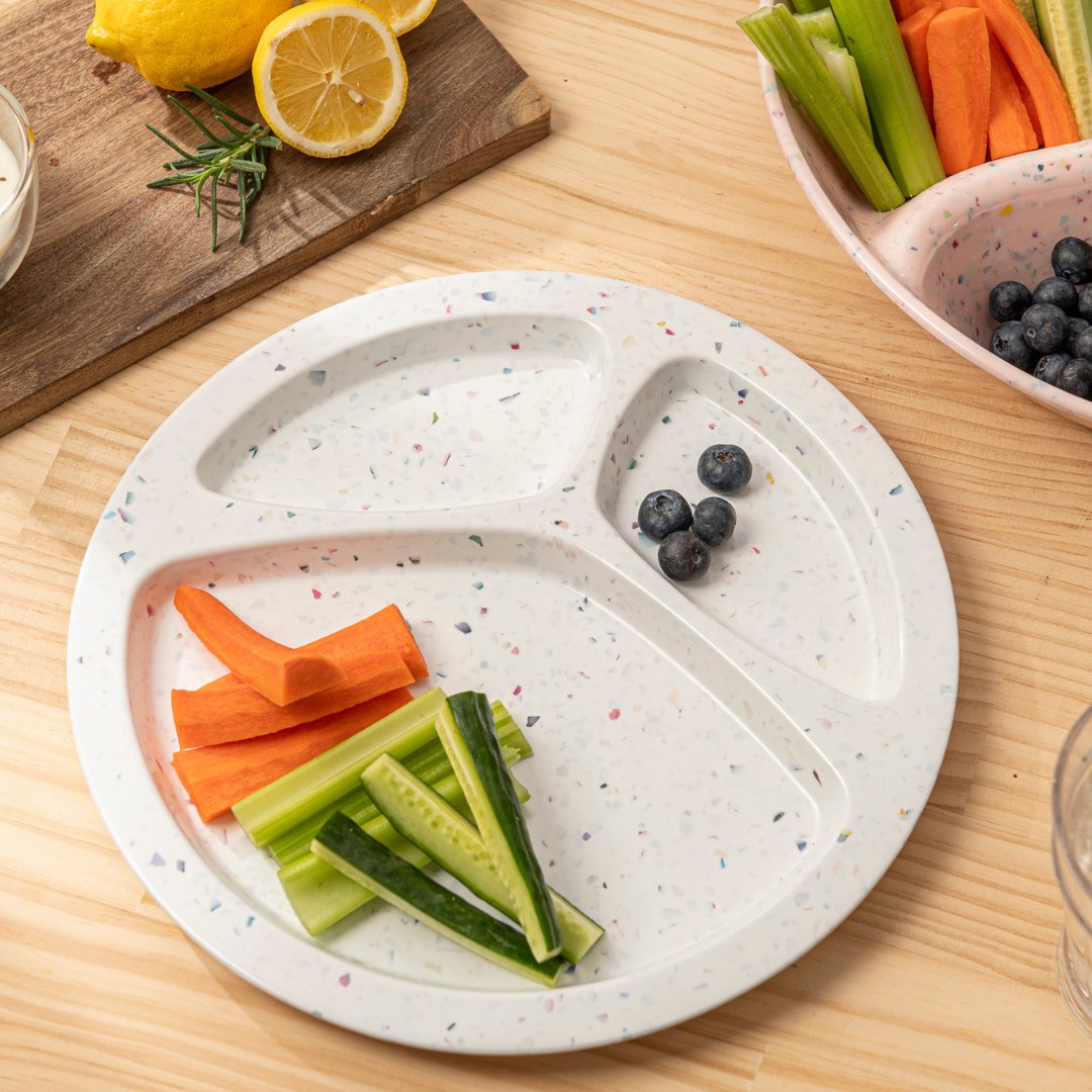 2PC Confetti Divided BBQ Plate - White | Durable Melamine Serving Plates for Outdoor Picnics, BBQs, and Parties