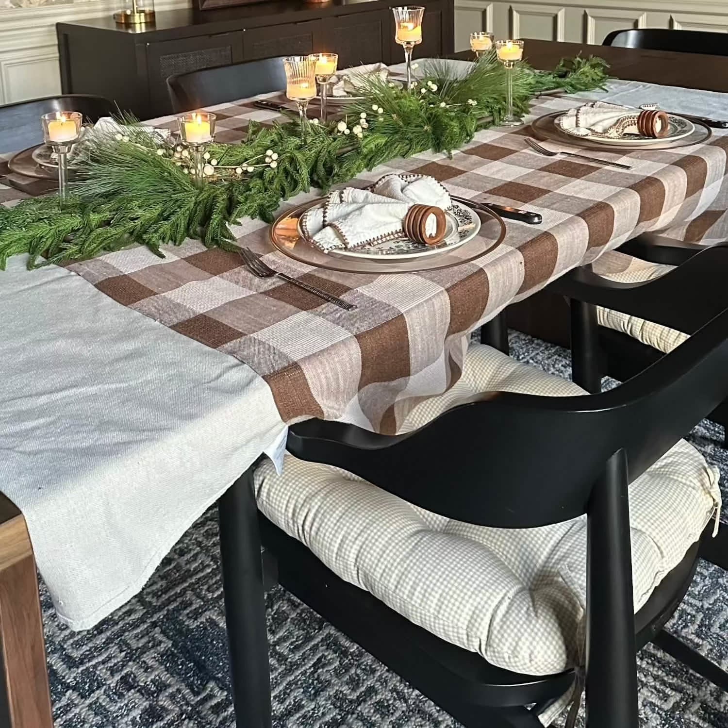 Madrid Natural Gingham Dining Chair Cushions with Latex Foam Fill - Reversible Seat Pads for Kitchen, Dining Room & Office Chairs