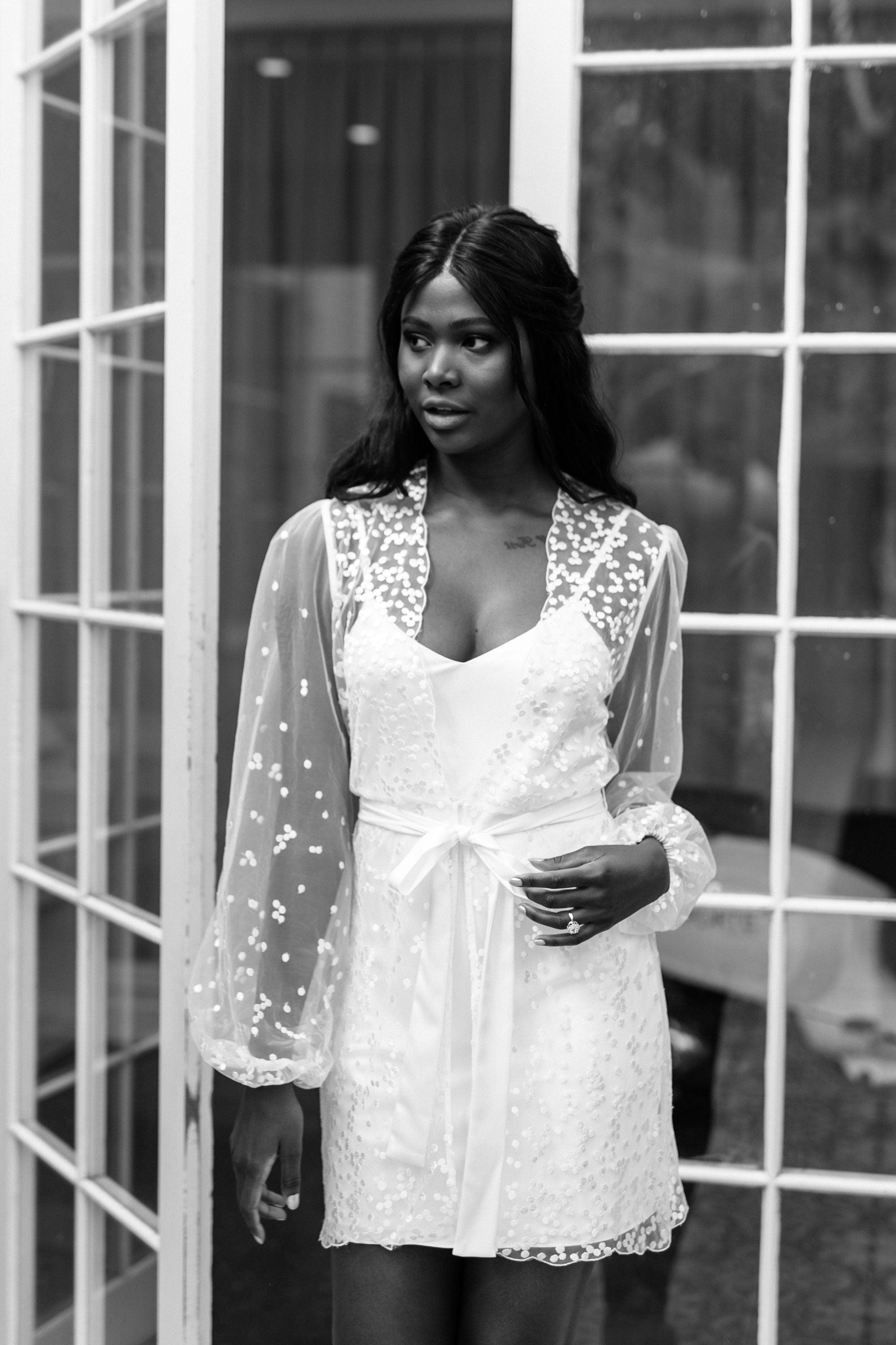 Camile Spot Lace Bridal Robe with Slip - Elegant Wedding Gown for Bridal Shower, Getting Ready & Honeymoon - Plus Size Available
