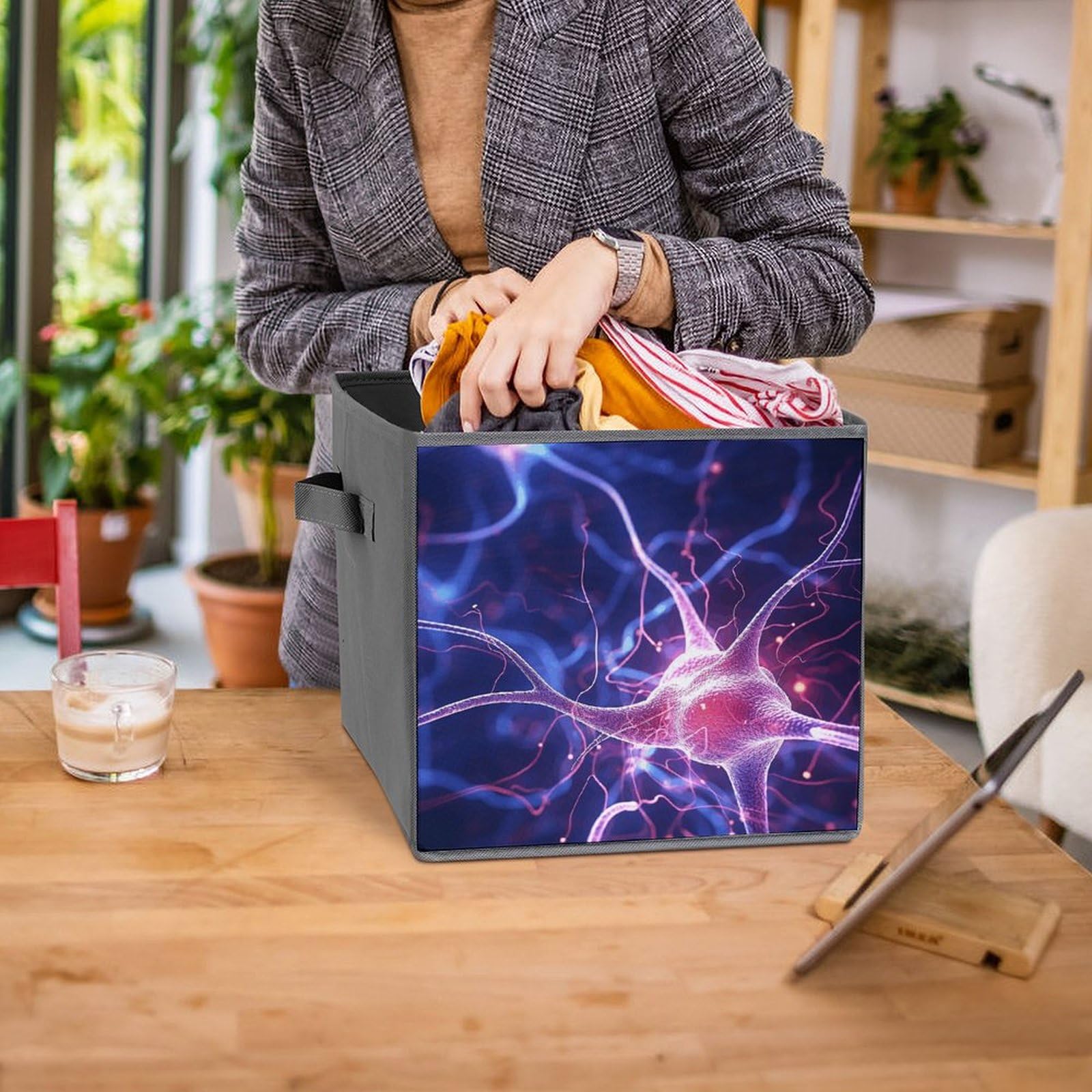 6-Pack Collapsible Storage Bins with Handles - Blue Neuron Pattern Foldable Organizing Baskets for Shelves, Closet, Kitchen & Bathroom | Space-Saving Home Organization Solution for Toys, Books & Household Items