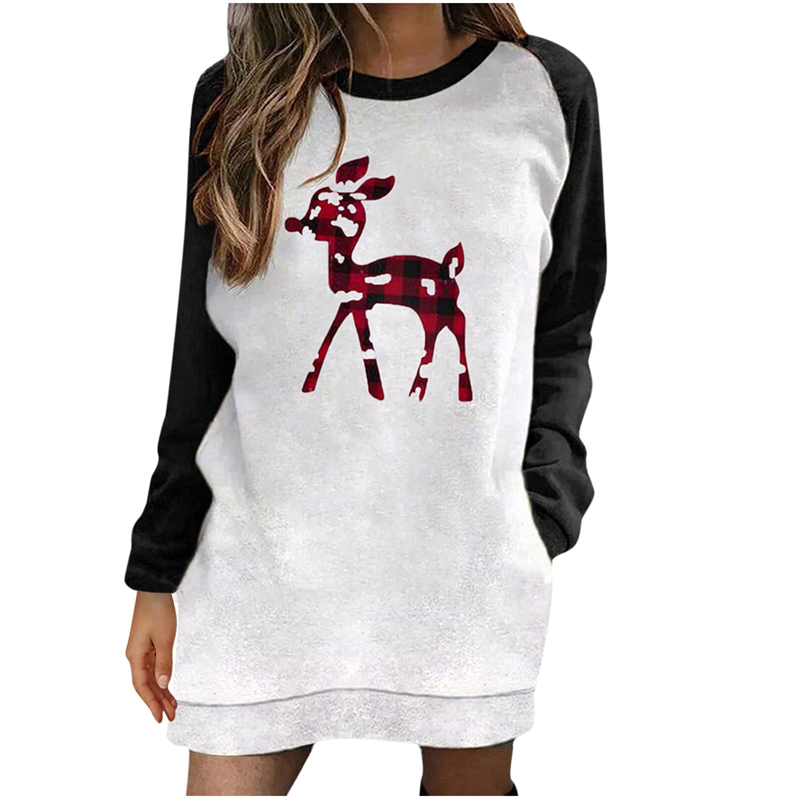 Wirziis Women's Long Sleeve Crewneck Sweatshirt - Christmas Graphic Print with Pockets, Casual Lightweight Tunic Top Sweater Dress for Holiday Parties & Cozy Winter Outfits