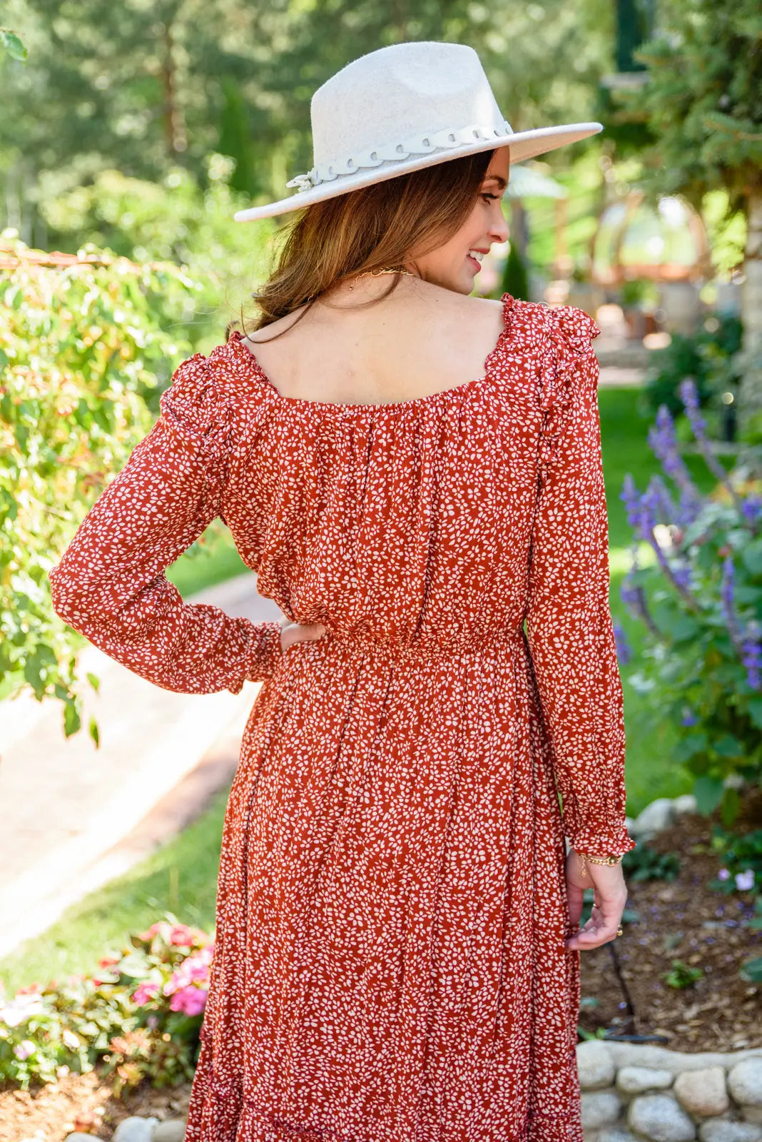 First Kiss Long Sleeve Maxi Dress in Rust - Elegant Boho Fall Dress for Women | Perfect for Weddings, Date Nights & Autumn Photoshoots
